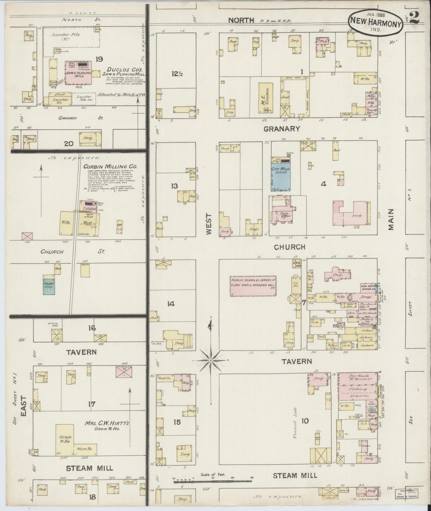 Sanborn Fire Insurance Map from New Harmony, Posey County, Indiana (1888), Sheet #0002 - Complete Map Set gallery image, historic Sanborn map, vintage wall art, Indiana Indiana