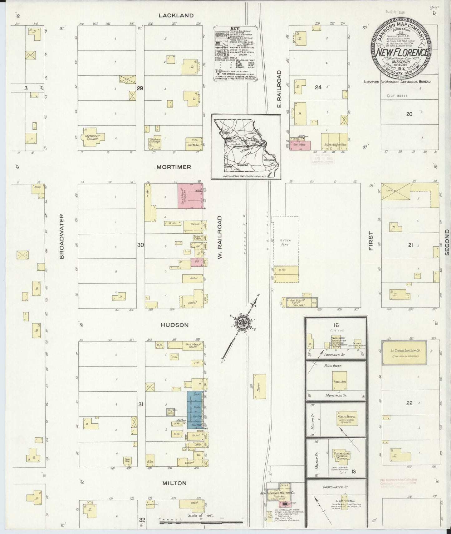 Sanborn Fire Insurance Map from New Florence, Montgomery County, Missouri (1912), Sheet #0001 - Historic Sanborn Fire Insurance Map Print, vintage old map wall art, antique decor, genealogy gift, Missouri Missouri map