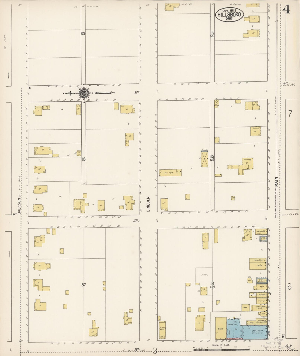 Sanborn Fire Insurance Map from Hillsboro, Washington County, Oregon (1912), Sheet #0004 - Historic Sanborn Fire Insurance Map Print, vintage old map wall art, antique decor, genealogy gift, Oregon Oregon map