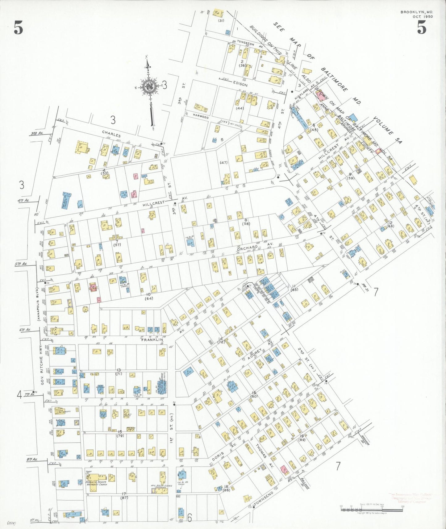 Sanborn Fire Insurance Map from Brooklyn, Anne Arundel County, Maryland (1950), Sheet #0005 - Historic Sanborn Fire Insurance Map Print, vintage old map wall art, antique decor, genealogy gift, Maryland Maryland map