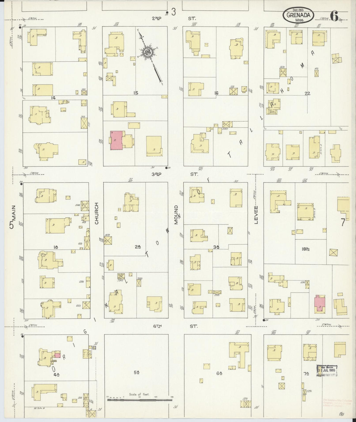 Sanborn Fire Insurance Map from Grenada, Grenada County, Mississippi (1913), Sheet #0006 - Historic Sanborn Fire Insurance Map Print, vintage old map wall art, antique decor, genealogy gift, Mississippi Mississippi map