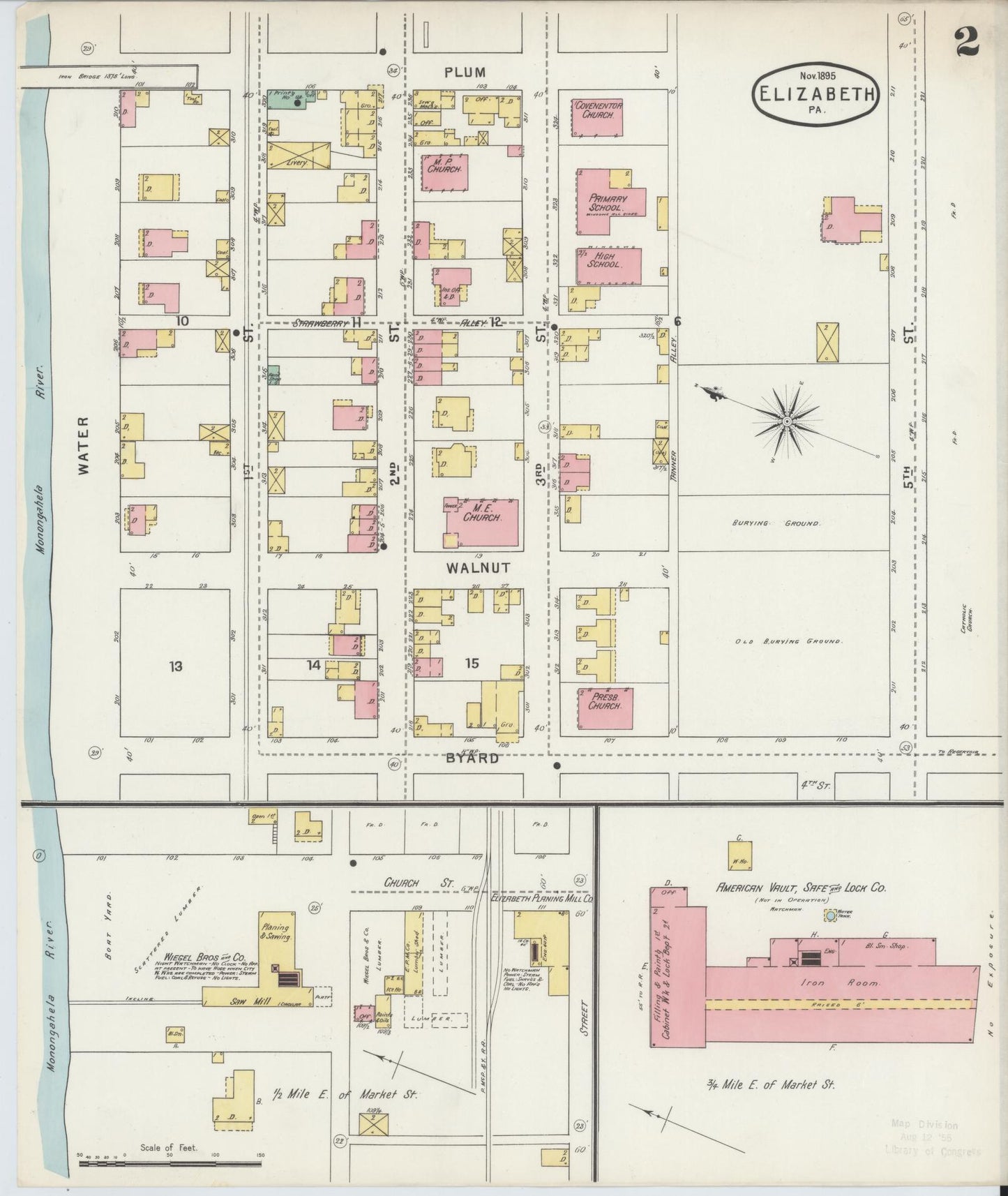 Sanborn Fire Insurance Map from Elizabeth, Allegheny County, Pennsylvania (1895), Sheet #0002 - Historic Sanborn Fire Insurance Map Print, vintage old map wall art, antique decor, genealogy gift, Pennsylvania Pennsylvania map