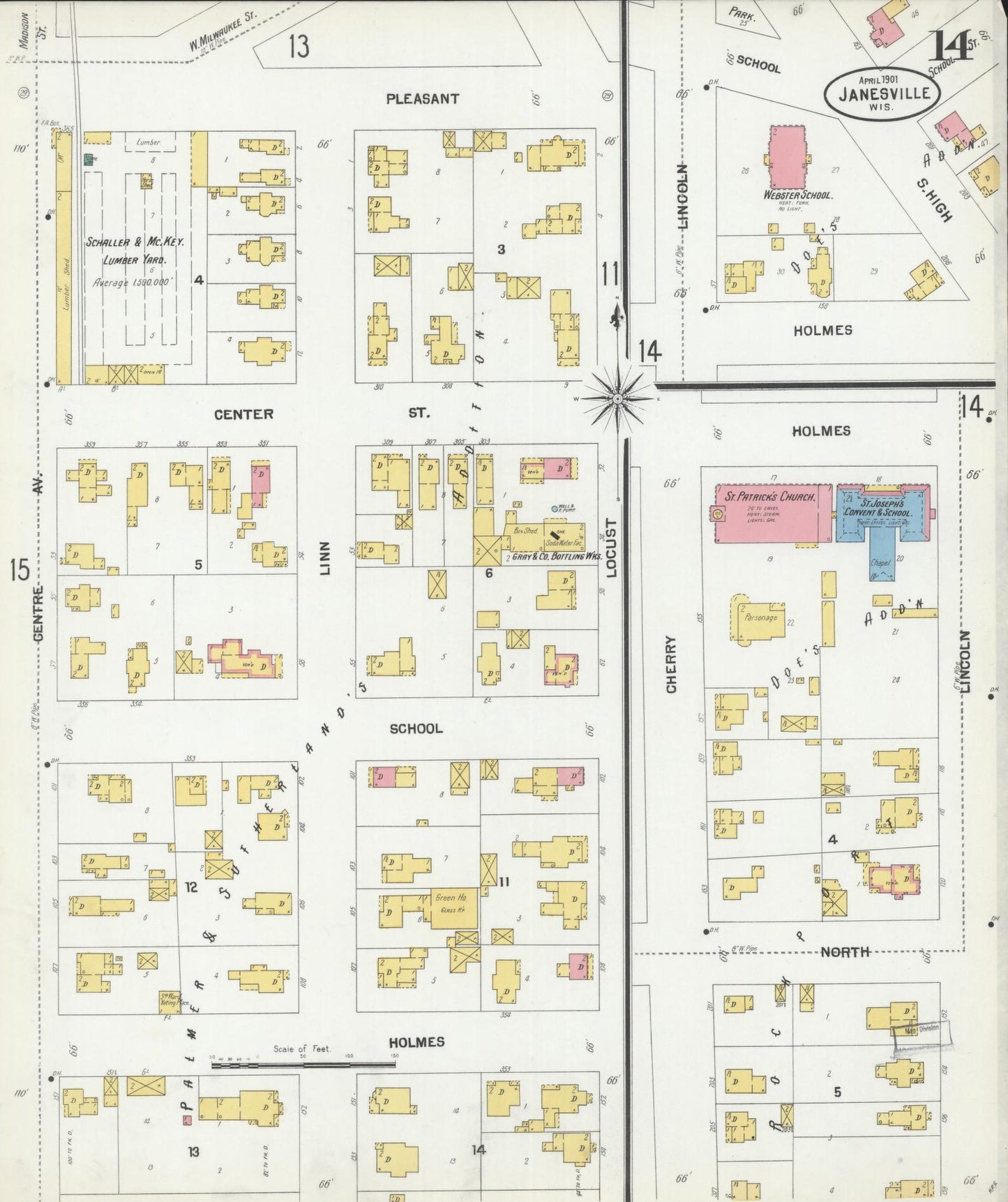 Sanborn Fire Insurance Map from Janesville, Rock County, Wisconsin (1901), Sheet #0014 - Historic Sanborn Fire Insurance Map Print, vintage old map wall art, antique decor, genealogy gift, Wisconsin Wisconsin map