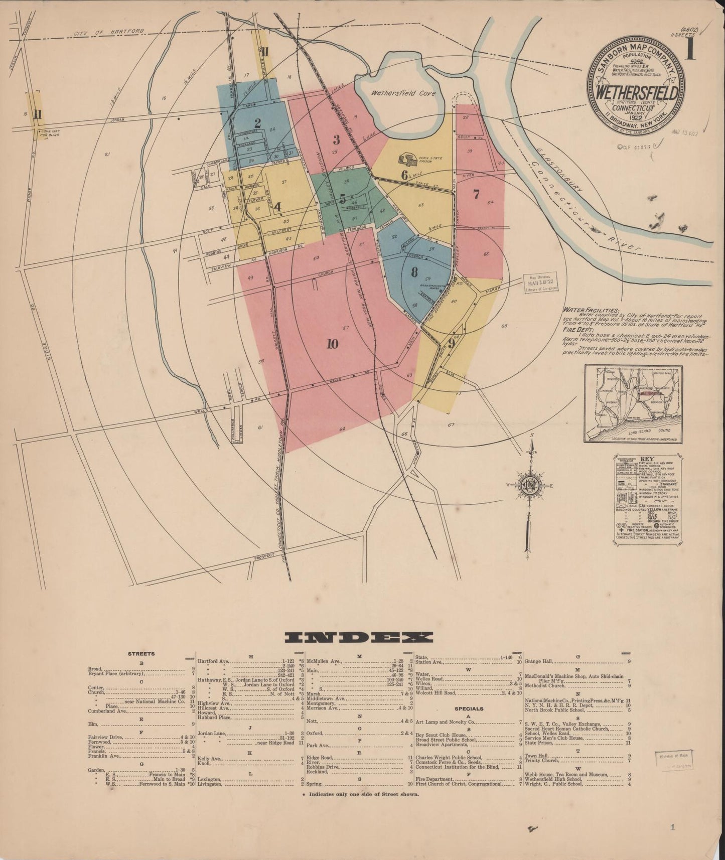 Sanborn Fire Insurance Map from Wethersfield, Hartford County, Connecticut (1922), Sheet #0001 - Historic Sanborn Fire Insurance Map Print, vintage old map wall art, antique decor, genealogy gift, Connecticut Connecticut map