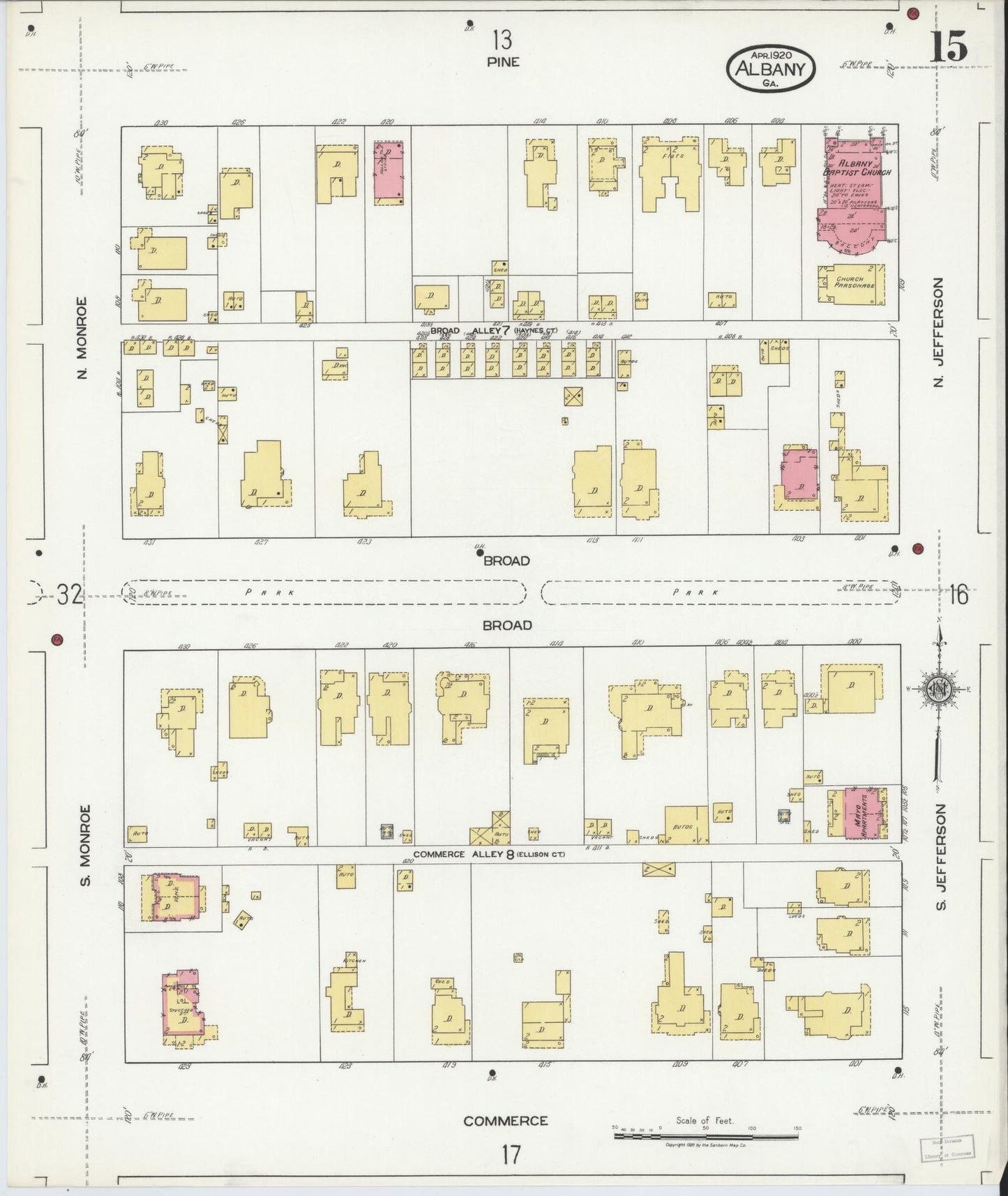 Sanborn Fire Insurance Map from Albany, Dougherty County, Georgia (1920), Sheet #0015 - Historic Sanborn Fire Insurance Map Print, vintage old map wall art, antique decor, genealogy gift, Georgia Georgia map