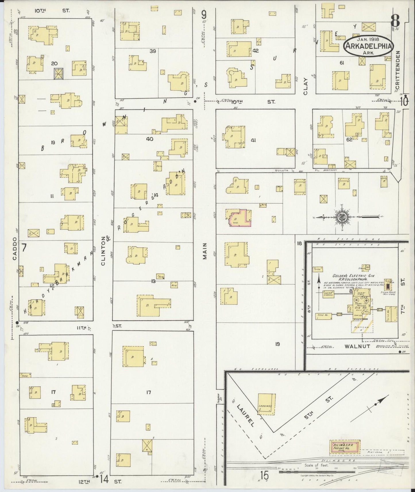 Sanborn Fire Insurance Map from Arkadelphia, Clark County, Arkansas (1918), Sheet #0008 - Historic Sanborn Fire Insurance Map Print, vintage old map wall art, antique decor, genealogy gift, Arkansas Arkansas map
