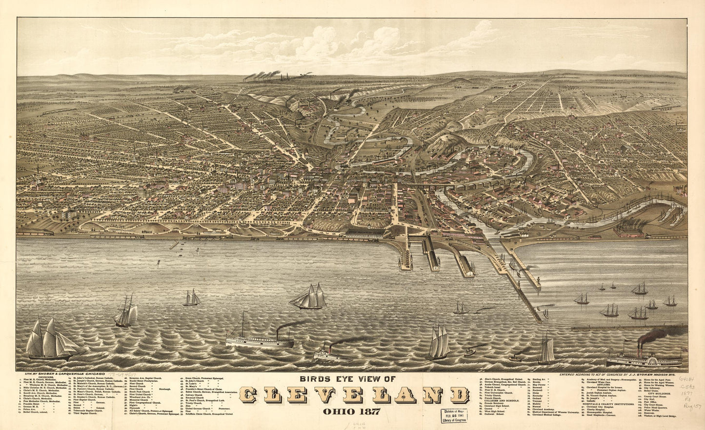Birds eye view of Cleveland, Ohio 1877. (1877) – Historic Bird’s-Eye View Panorama Print