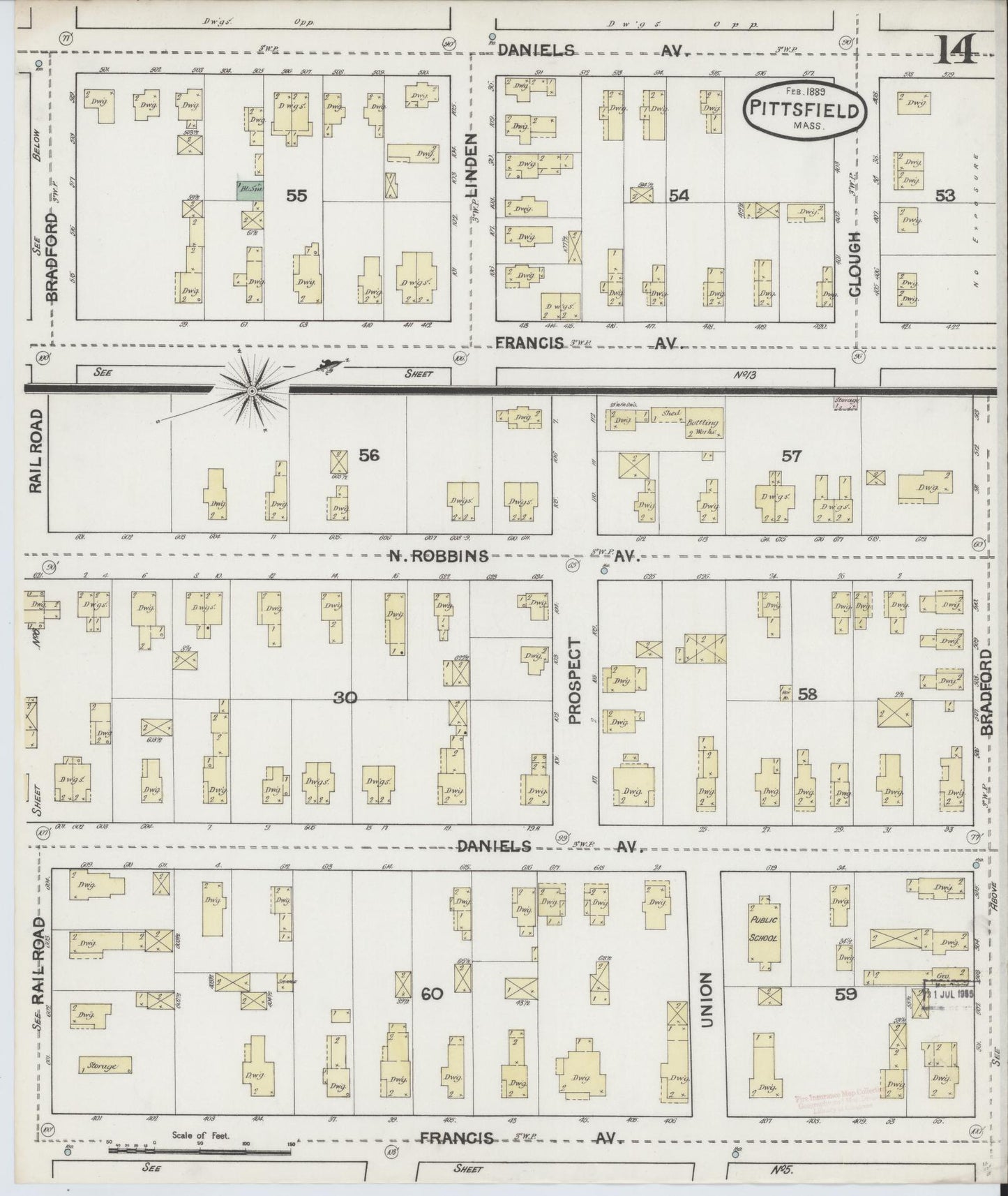 Sanborn Fire Insurance Map from Pittsfield, Berkshire County, Massachusetts (1889), Sheet #0014 - Historic Sanborn Fire Insurance Map Print, vintage old map wall art, antique decor, genealogy gift, Massachusetts Massachusetts map