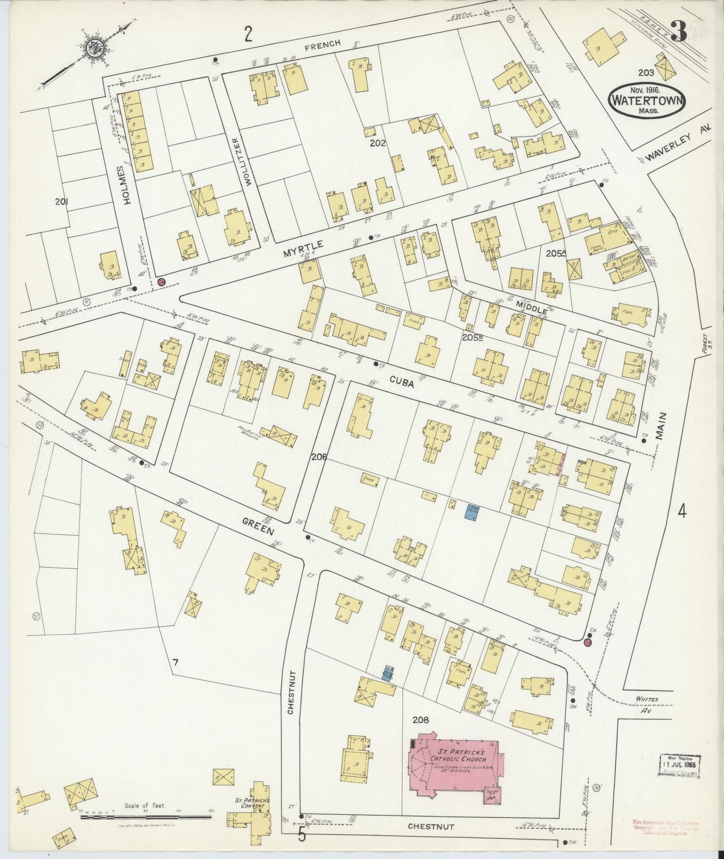 Sanborn Fire Insurance Map from Watertown, Middlesex County, Massachusetts (1916), Sheet #0003 - Historic Sanborn Fire Insurance Map Print, vintage old map wall art, antique decor, genealogy gift, Massachusetts Massachusetts map