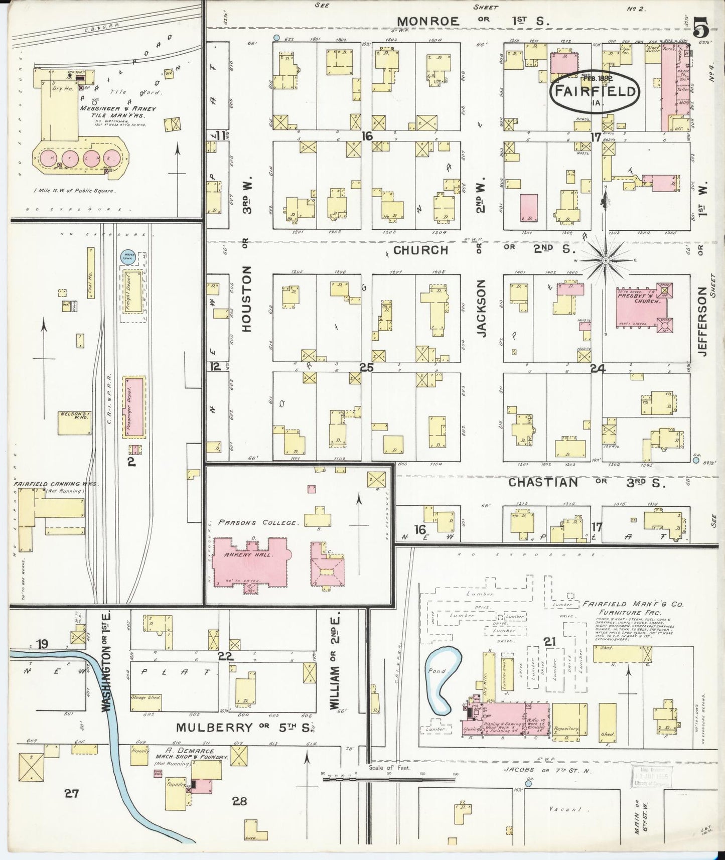 Sanborn Fire Insurance Map from Fairfield, Jefferson County, Iowa (1892), Sheet #0005 - Historic Sanborn Fire Insurance Map Print, vintage old map wall art