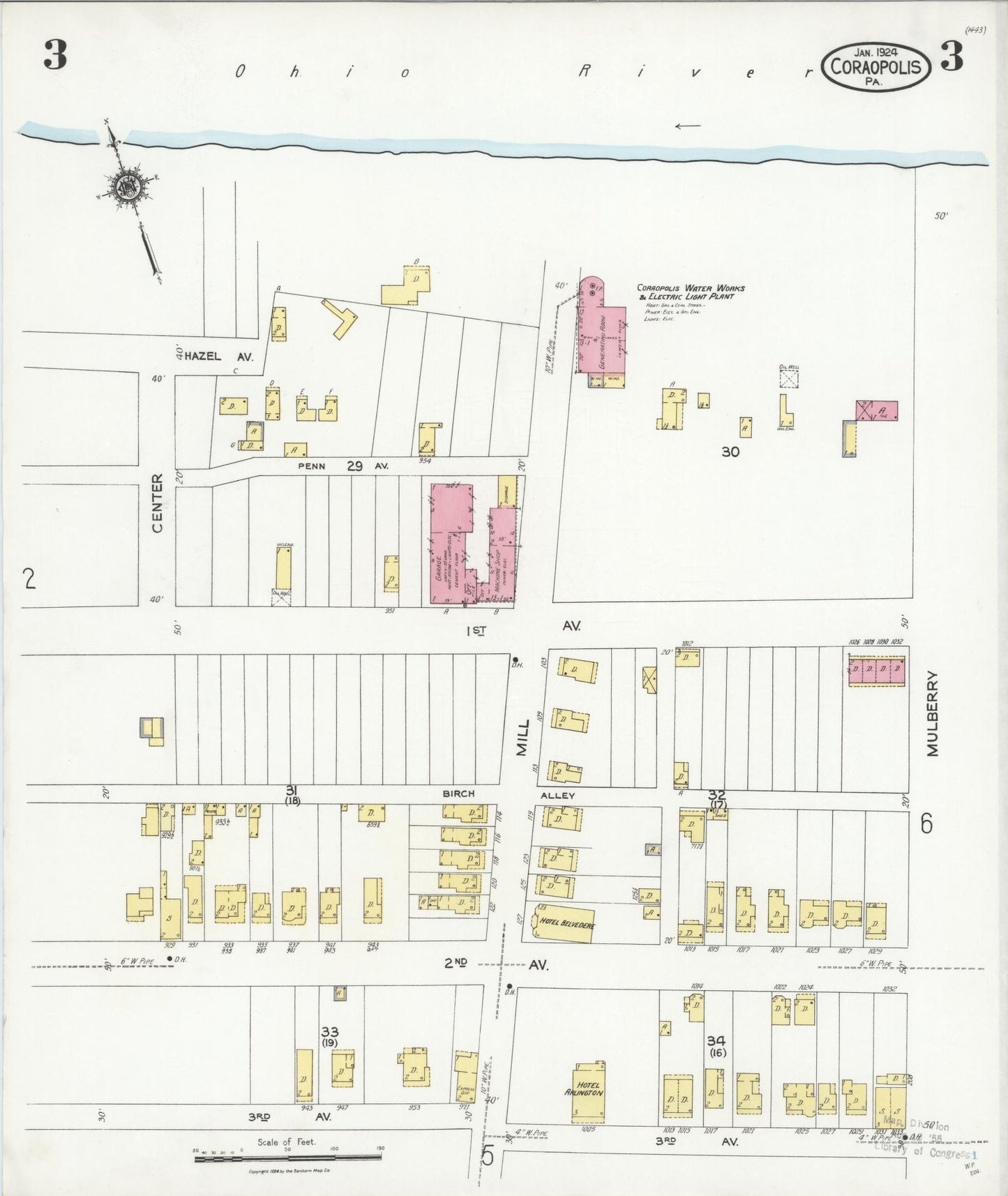 Sanborn Fire Insurance Map from Coraopolis, Allegheny County, Pennsylvania (1924), Sheet #0003 - Historic Sanborn Fire Insurance Map Print, vintage old map wall art, antique decor, genealogy gift, Pennsylvania Pennsylvania map