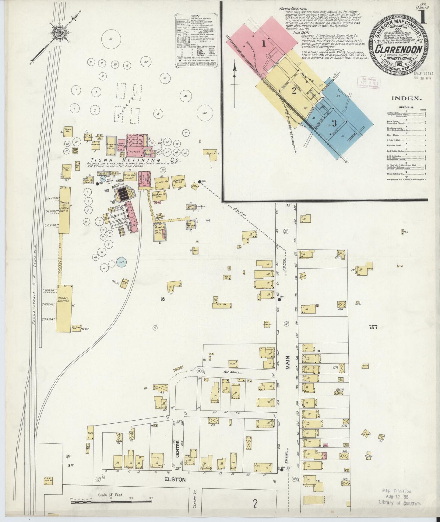Sanborn Fire Insurance Map from Clarendon, Warren County, Pennsylvania (1912), Sheet #0001 - Historic Sanborn Fire Insurance Map Print, vintage old map wall art, antique decor, genealogy gift, Pennsylvania Pennsylvania map