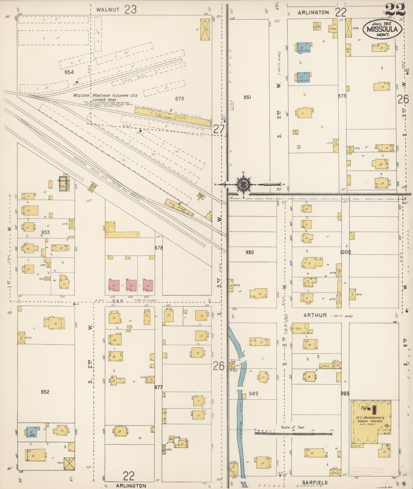 Sanborn Fire Insurance Map from Missoula, Missoula County, Montana (1912), Sheet #0022 - Historic Sanborn Fire Insurance Map Print, vintage old map wall art, antique decor, genealogy gift, Montana Montana map