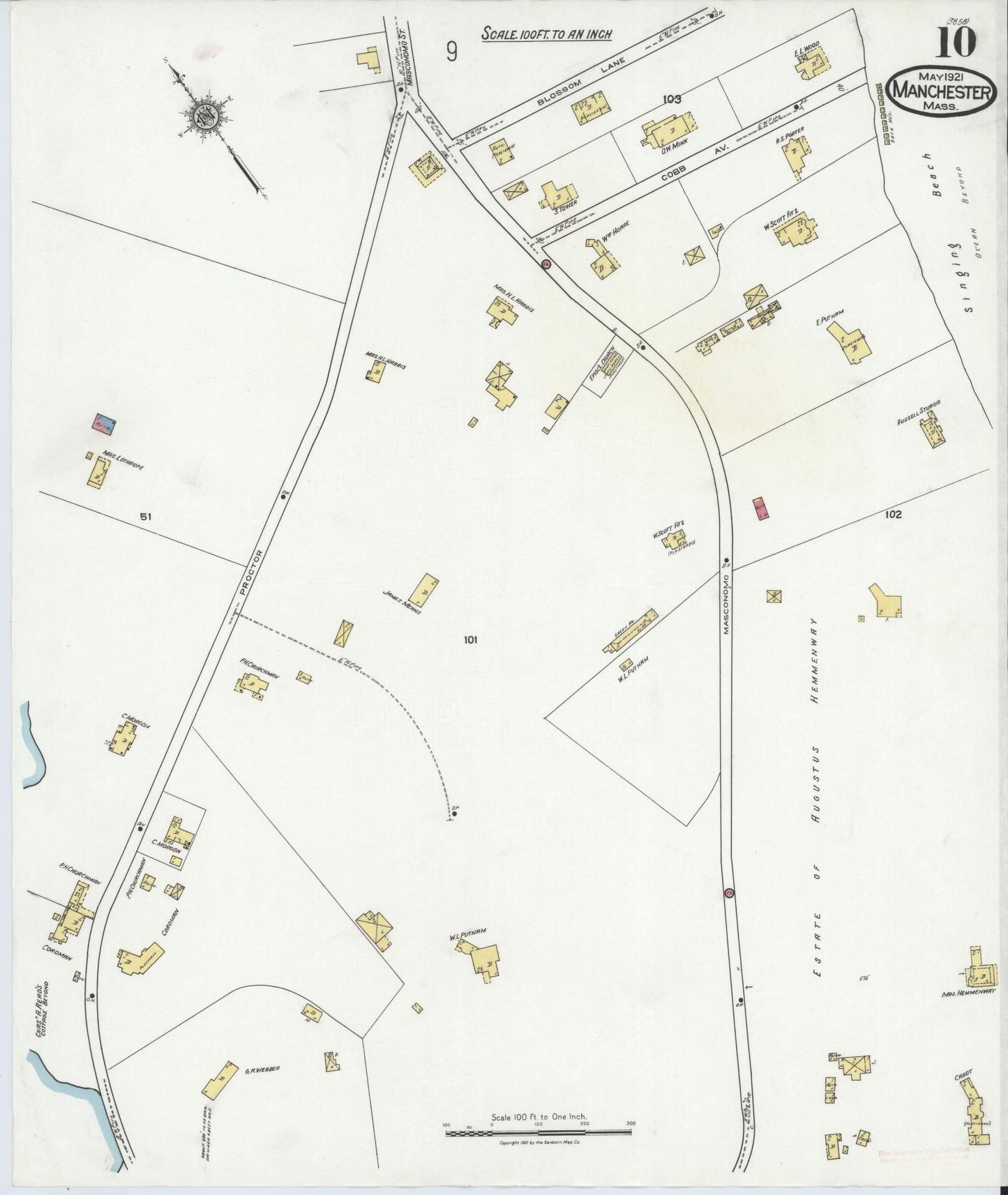 Sanborn Fire Insurance Map from Manchester, Essex County, Massachusetts (1921), Sheet #0010 - Historic Sanborn Fire Insurance Map Print, vintage old map wall art, antique decor, genealogy gift, Massachusetts Massachusetts map