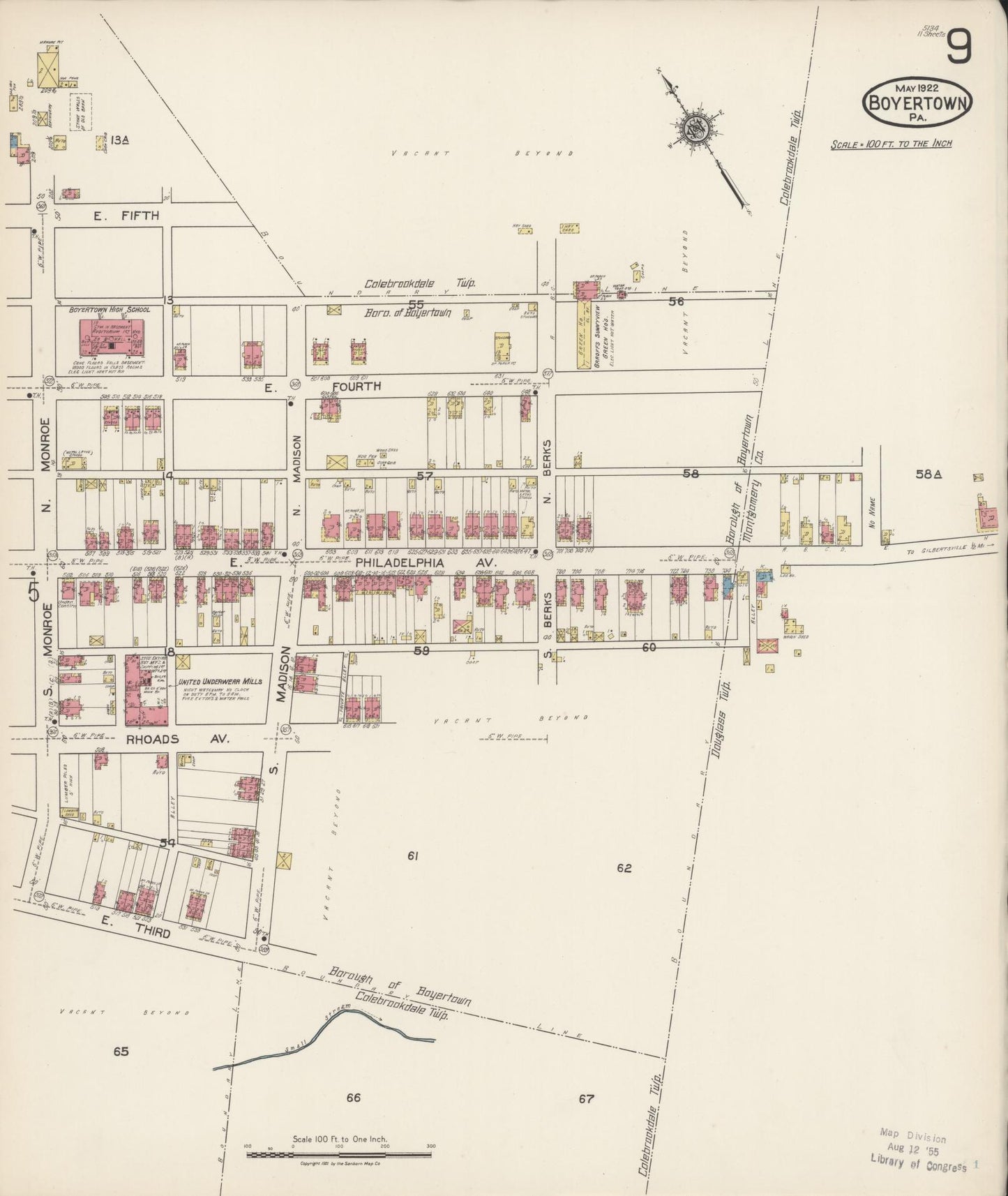 Sanborn Fire Insurance Map from Boyertown, Berks County, Pennsylvania (1922), Sheet #0009 - Historic Sanborn Fire Insurance Map Print, vintage old map wall art, antique decor, genealogy gift, Pennsylvania Pennsylvania map
