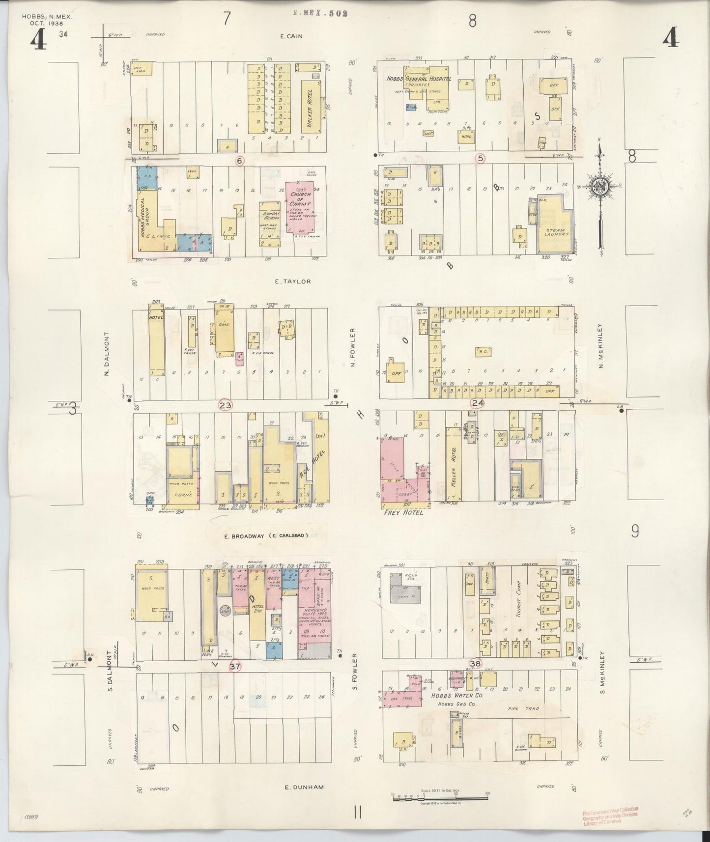 Sanborn Fire Insurance Map from Hobbs, Lea County, New Mexico (1950), Sheet #0004 - Historic Sanborn Fire Insurance Map Print, vintage old map wall art, antique decor, genealogy gift, New Mexico New Mexico map