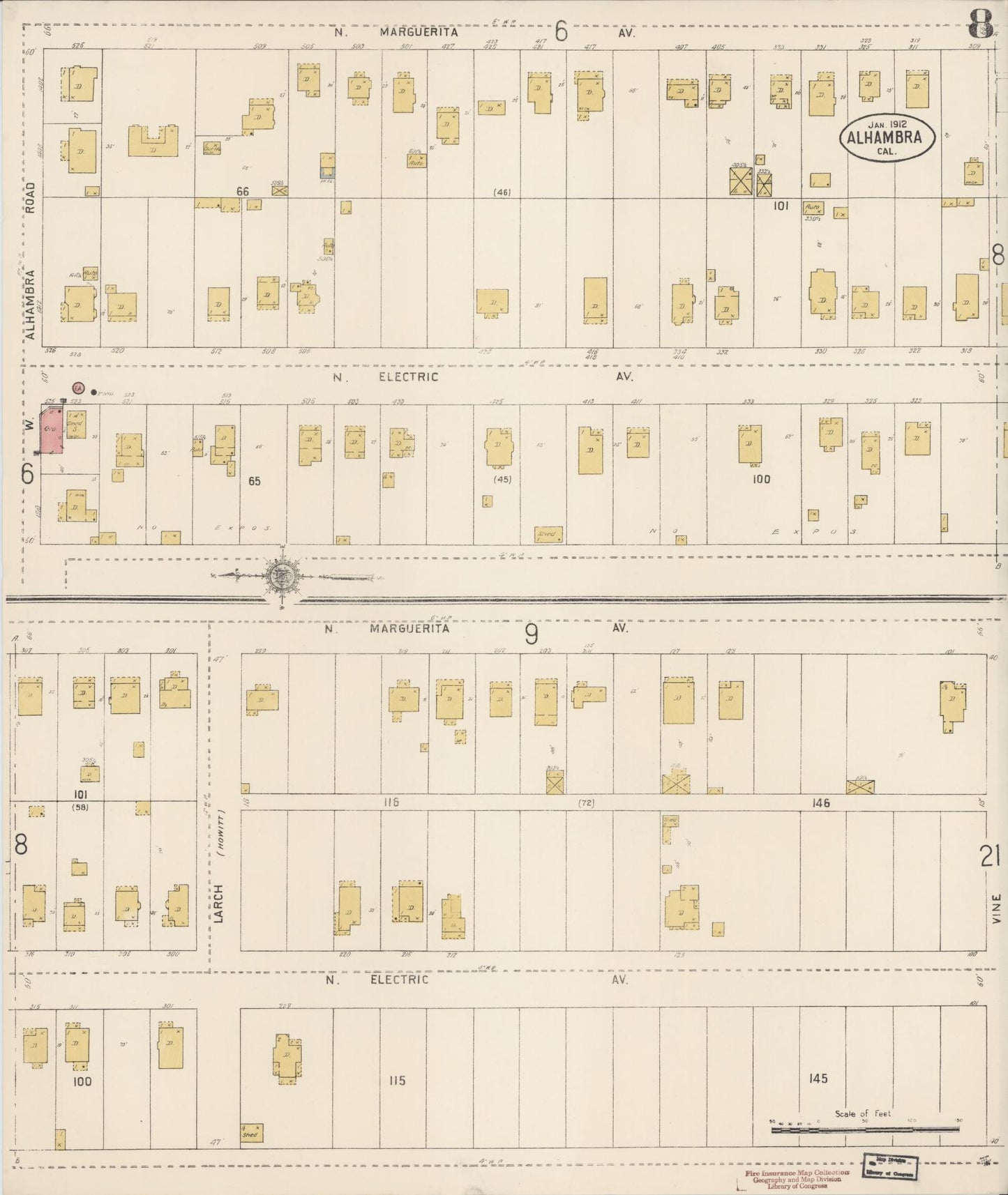 Sanborn Fire Insurance Map from Alhambra, Los Angeles County, California (1912), Sheet #0008 - Historic Sanborn Fire Insurance Map Print, vintage old map wall art, antique decor, genealogy gift, California California map