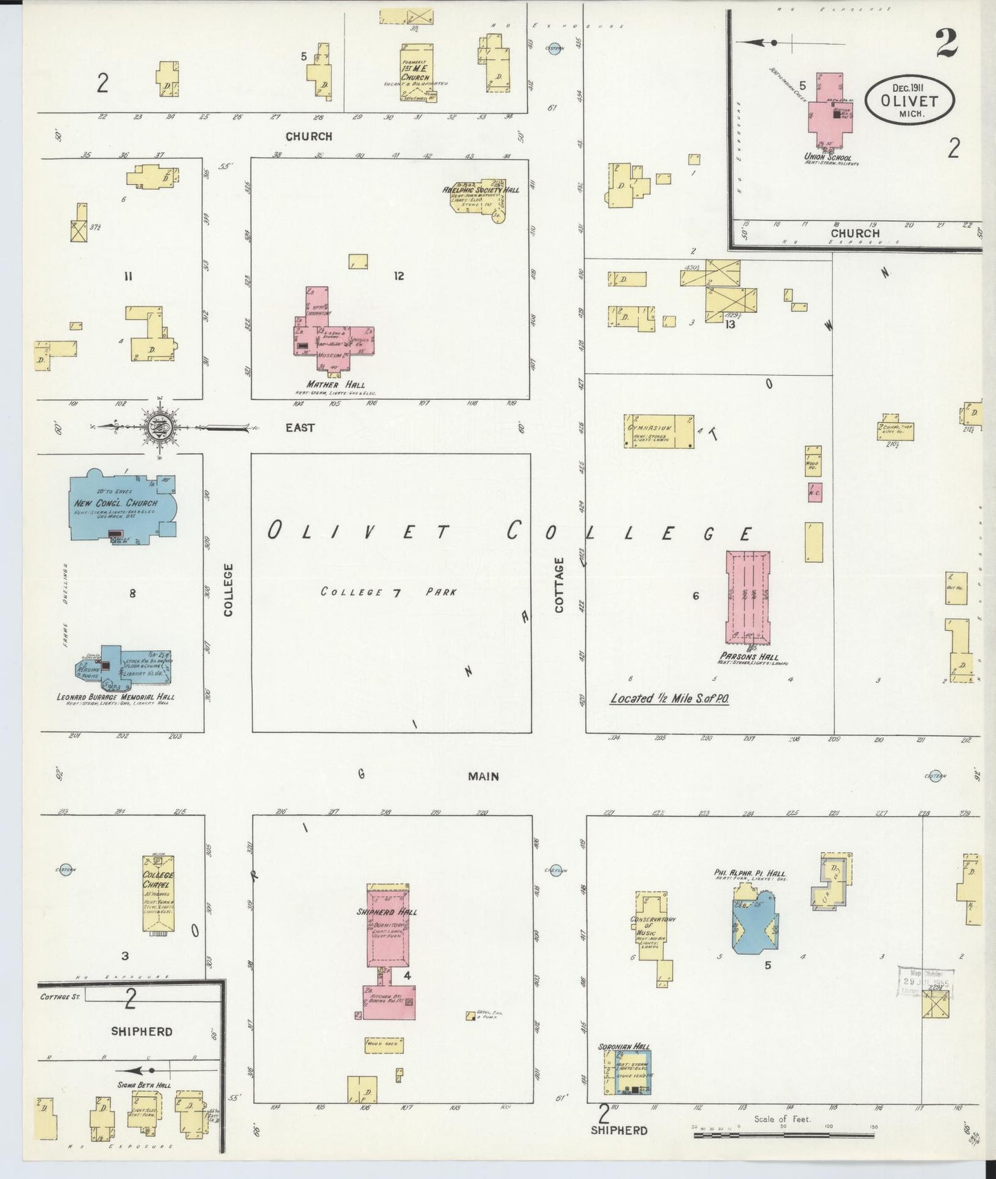 Sanborn Fire Insurance Map from Olivet, Eaton County, Michigan (1911), Sheet #0002 - Complete Map Set gallery image, historic Sanborn map, vintage wall art, Michigan Michigan