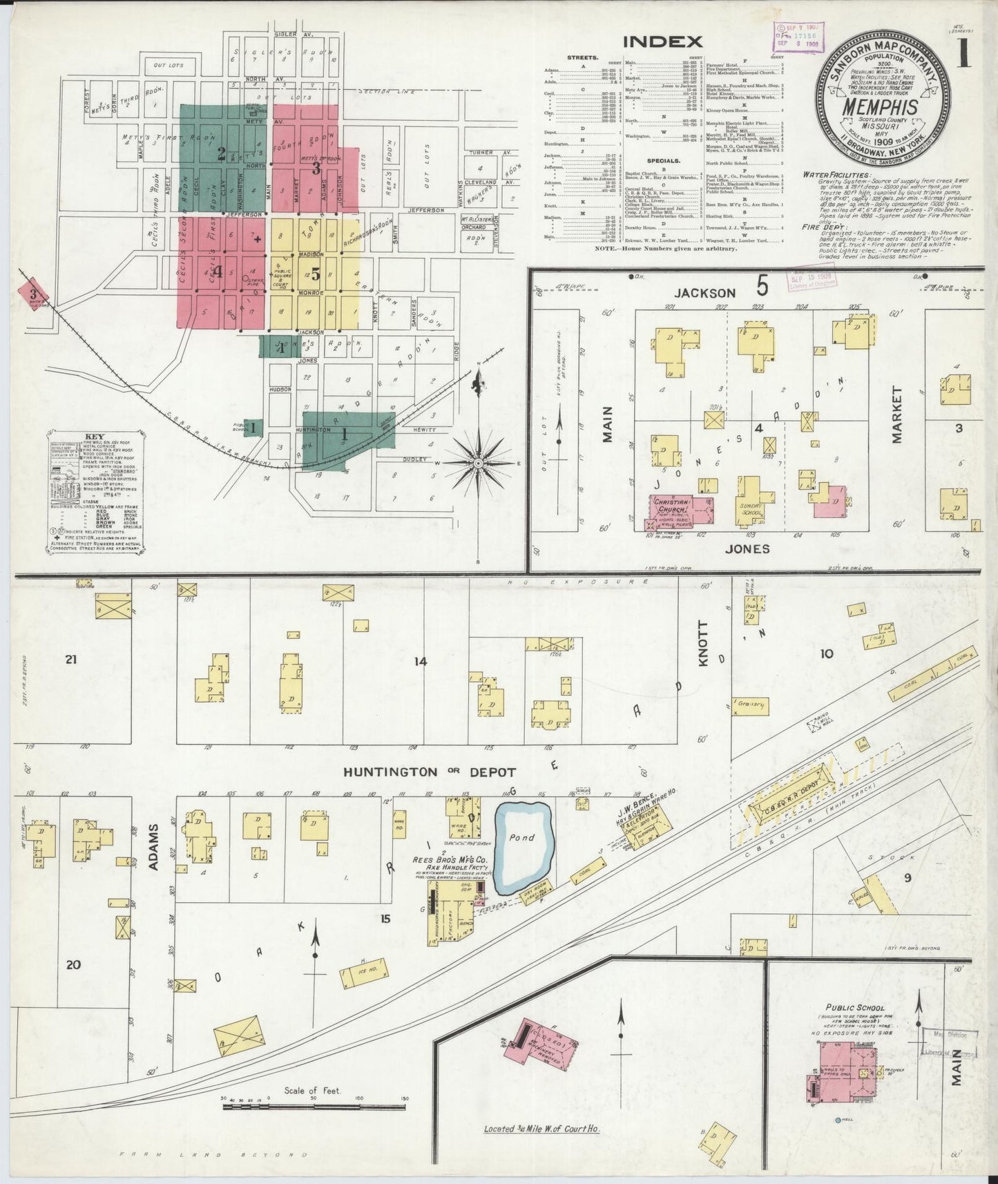 Sanborn Fire Insurance Map from Memphis, Scotland County, Missouri (1909), Sheet #0001 - Historic Sanborn Fire Insurance Map Print, vintage old map wall art, antique decor, genealogy gift, Missouri Missouri map