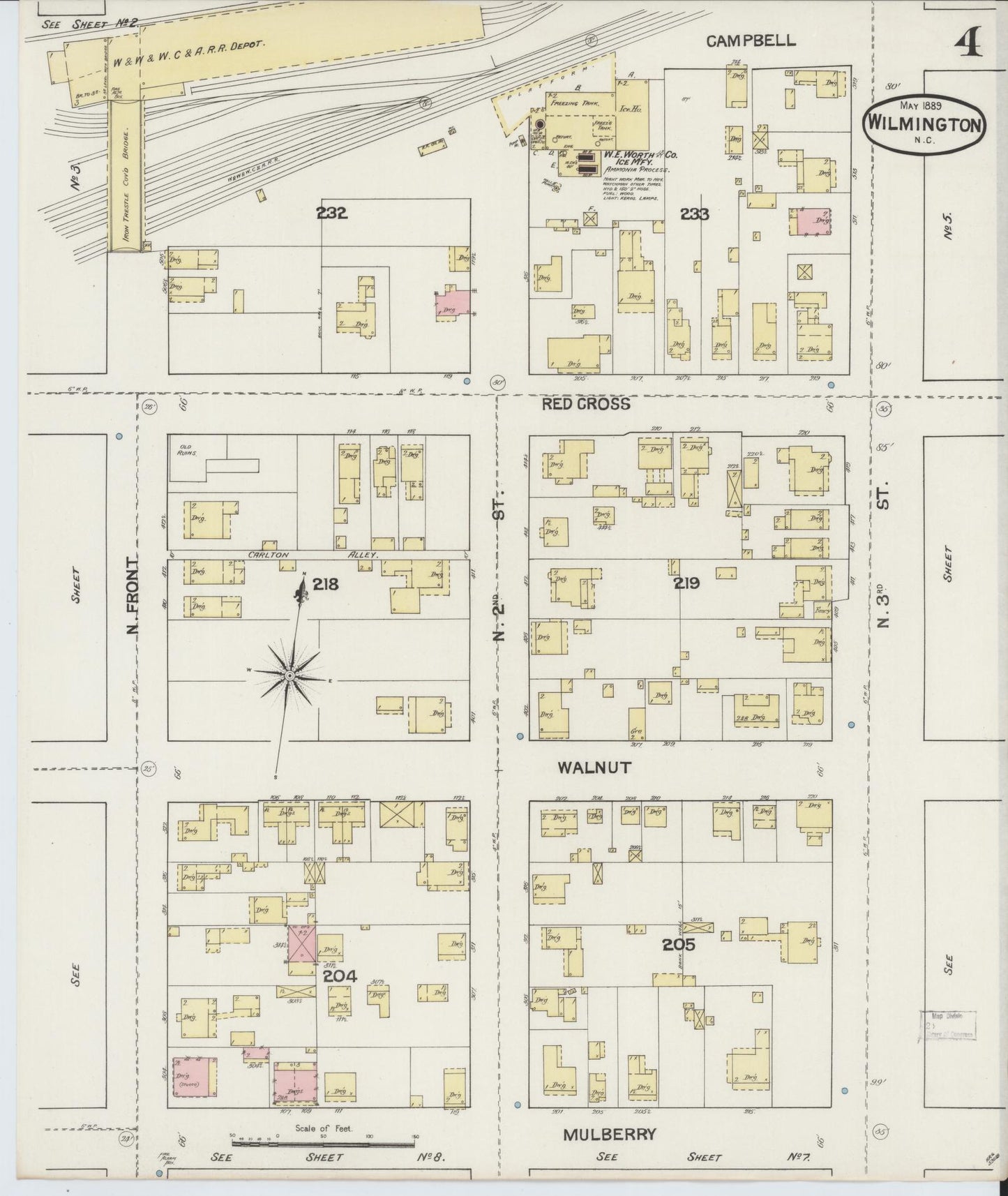 Sanborn Fire Insurance Map from Wilmington, New Hanover County, North Carolina (1889), Sheet #0004 - Historic Sanborn Fire Insurance Map Print, vintage old map wall art, antique decor, genealogy gift, North Carolina North Carolina map