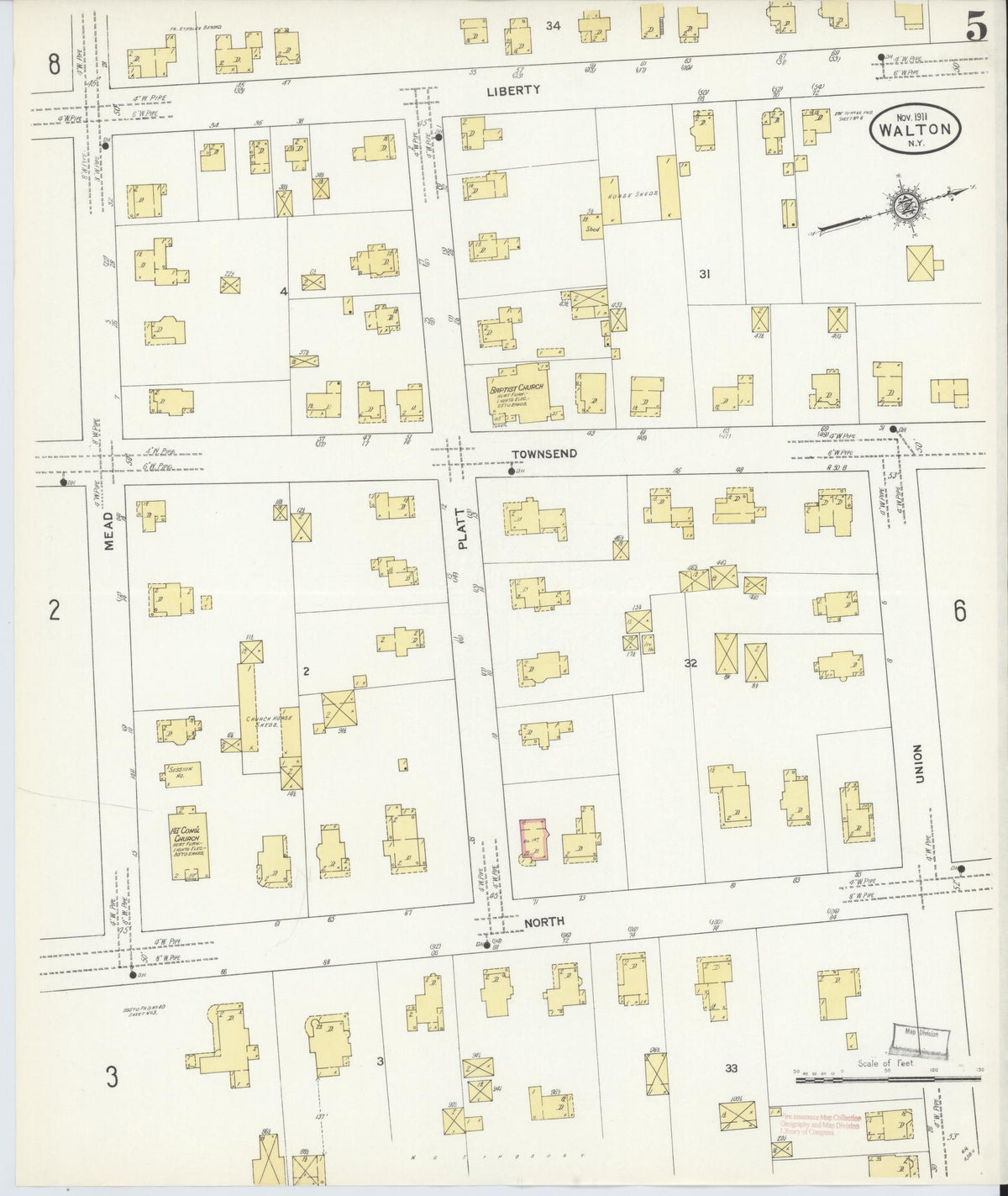 Sanborn Fire Insurance Map from Walton, Delaware County, New York (1911), Sheet #0005 - Historic Sanborn Fire Insurance Map Print, vintage old map wall art, antique decor, genealogy gift, Walton Delaware map