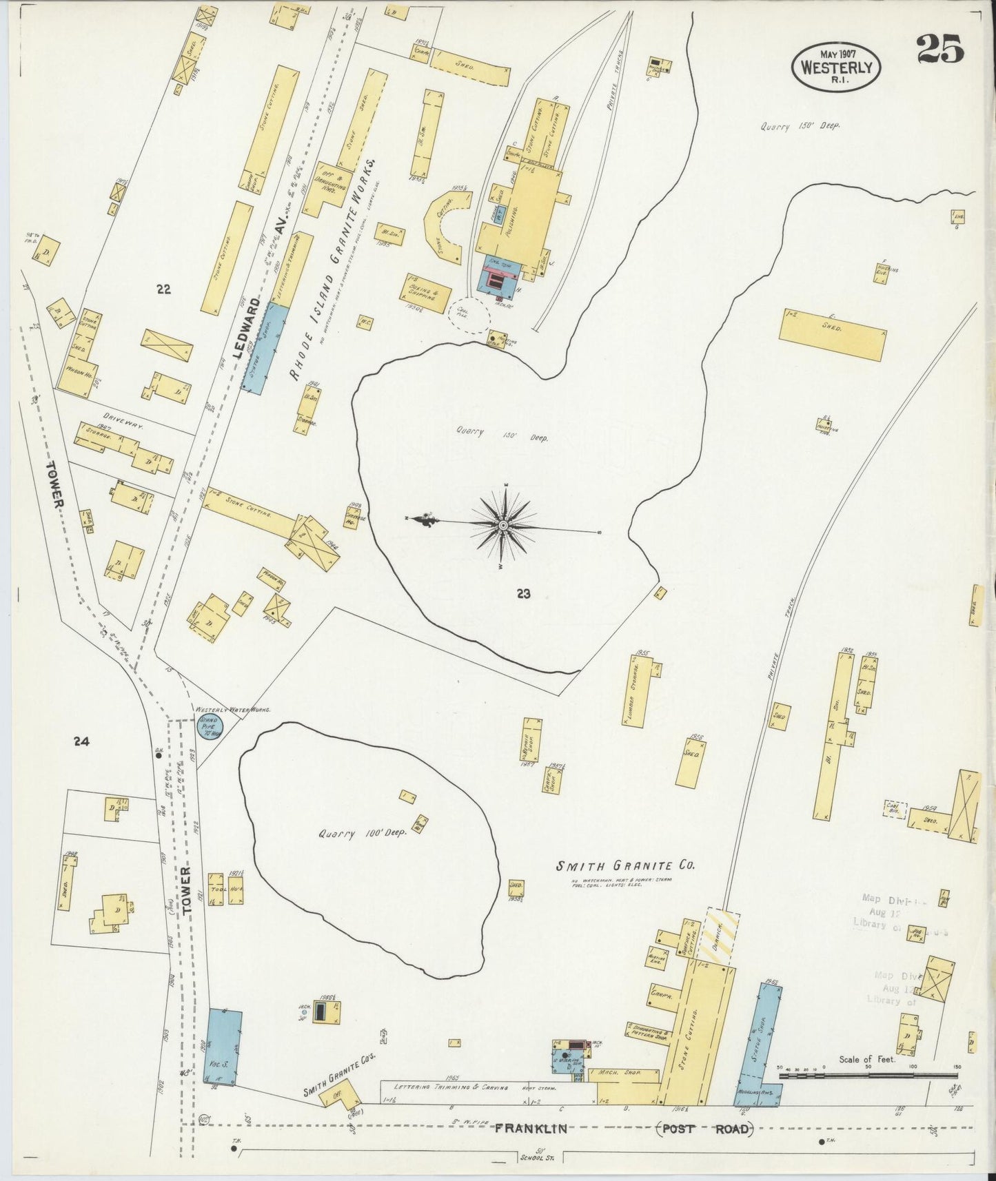 Sanborn Fire Insurance Map from Westerly, Washington County, Rhode Island (1907), Sheet #0025 - Historic Sanborn Fire Insurance Map Print, vintage old map wall art, antique decor, genealogy gift, Rhode Island Rhode Island map