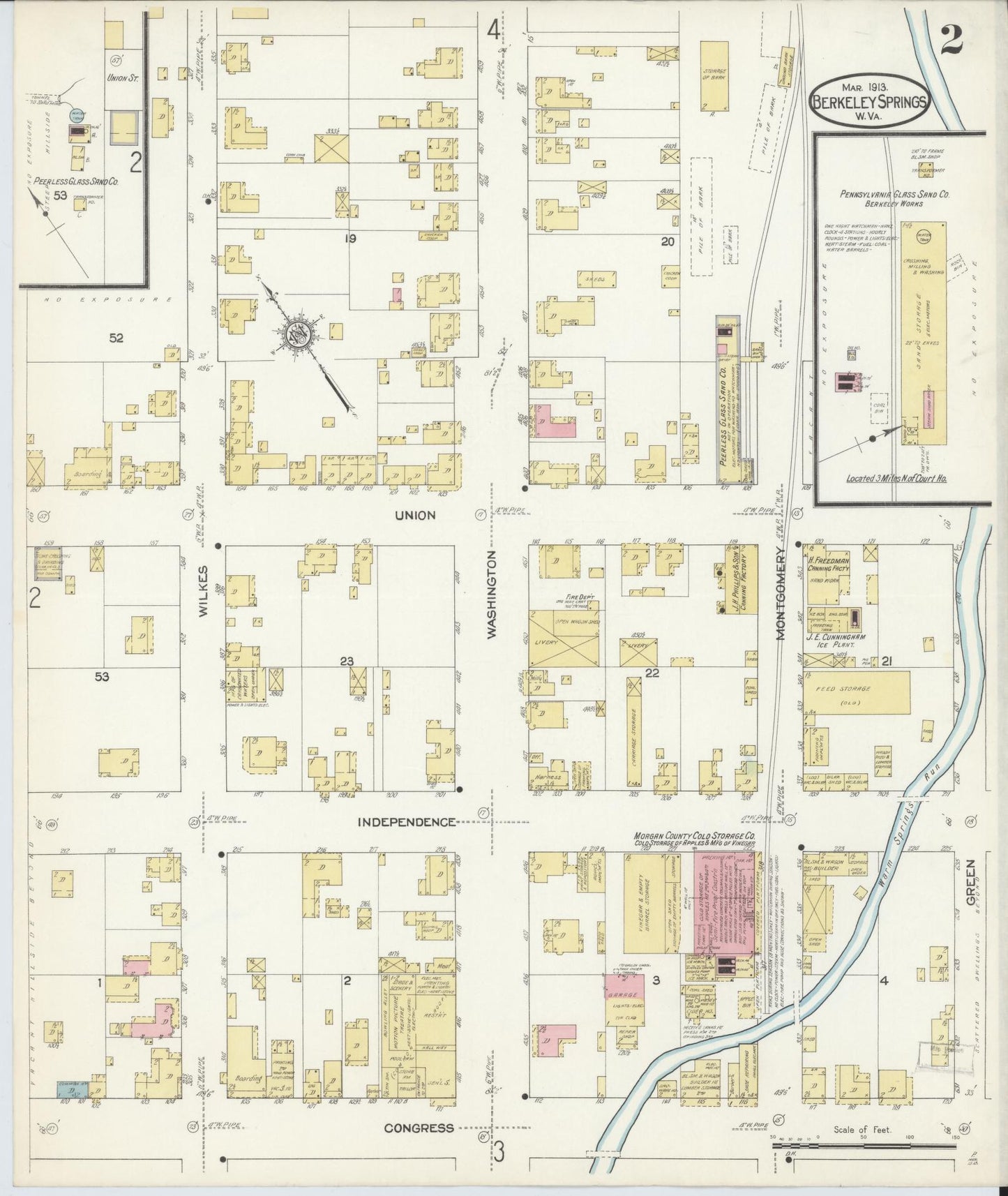 Sanborn Fire Insurance Map from Berkeley Springs, Morgan County, West Virginia (1913), Sheet #0002 - Historic Sanborn Fire Insurance Map Print, vintage old map wall art, antique decor, genealogy gift, West Virginia West Virginia map