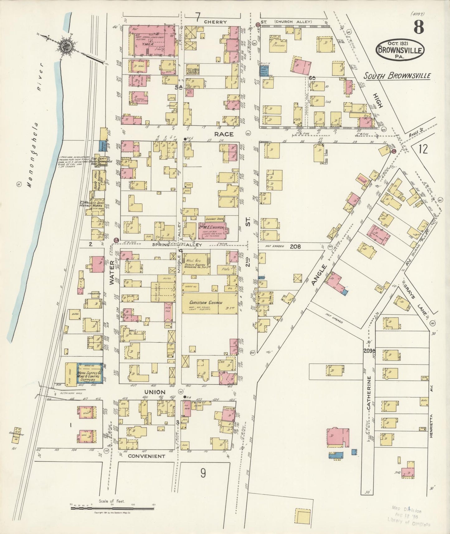 Sanborn Fire Insurance Map from Brownsville, Fayette County, Pennsylvania (1921), Sheet #0008 - Historic Sanborn Fire Insurance Map Print, vintage old map wall art, antique decor, genealogy gift, Pennsylvania Pennsylvania map