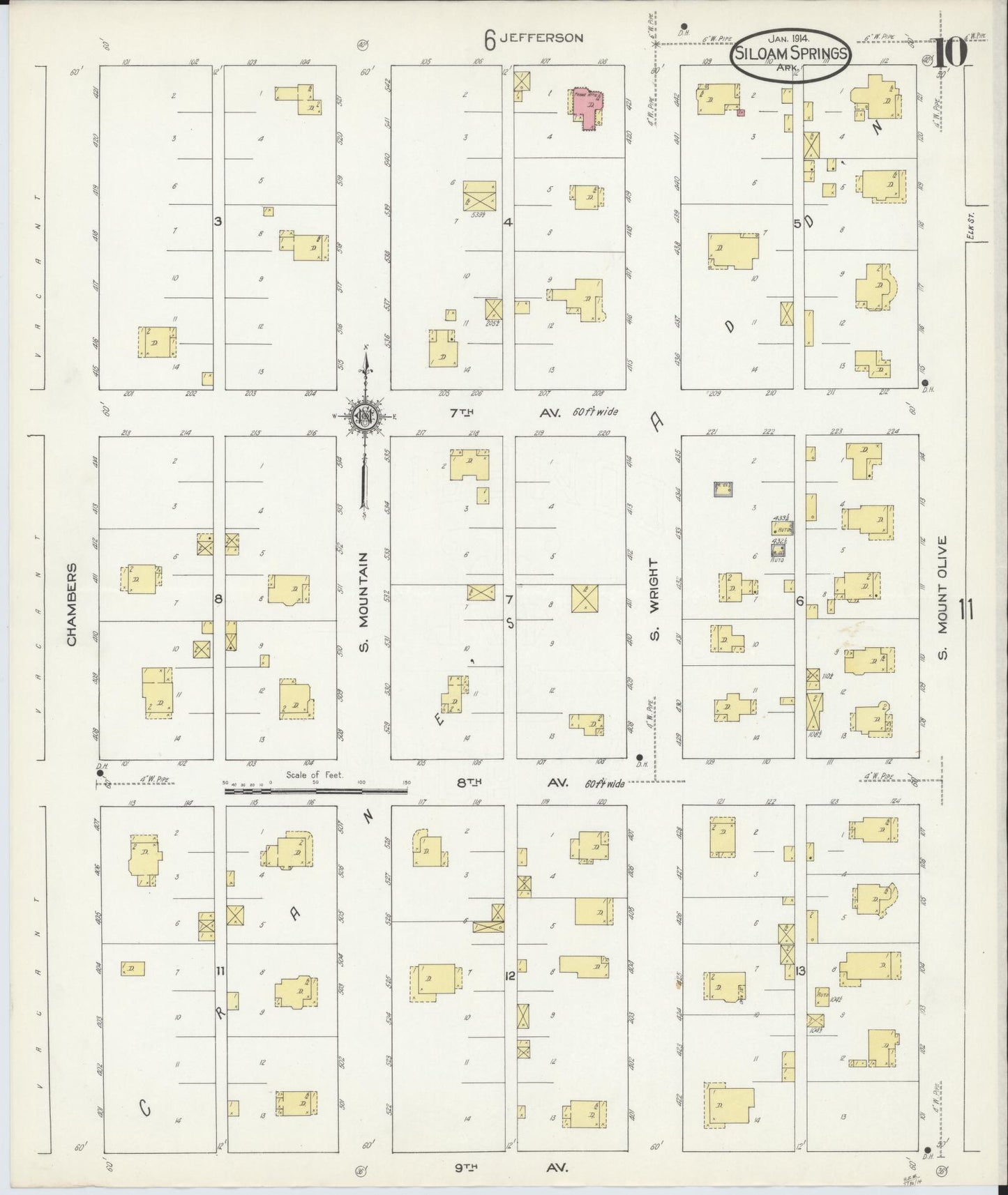 Sanborn Fire Insurance Map from Siloam Springs, Benton County, Arkansas (1914), Sheet #0010 - Historic Sanborn Fire Insurance Map Print, vintage old map wall art, antique decor, genealogy gift, Arkansas Arkansas map