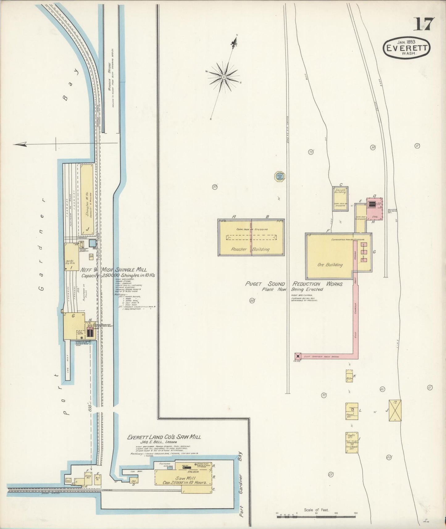 Sanborn Fire Insurance Map from Everett, Snohomish County, Washington (1893), Sheet #0016 - Historic Sanborn Fire Insurance Map Print, vintage old map wall art, antique decor, genealogy gift, Washington Washington map