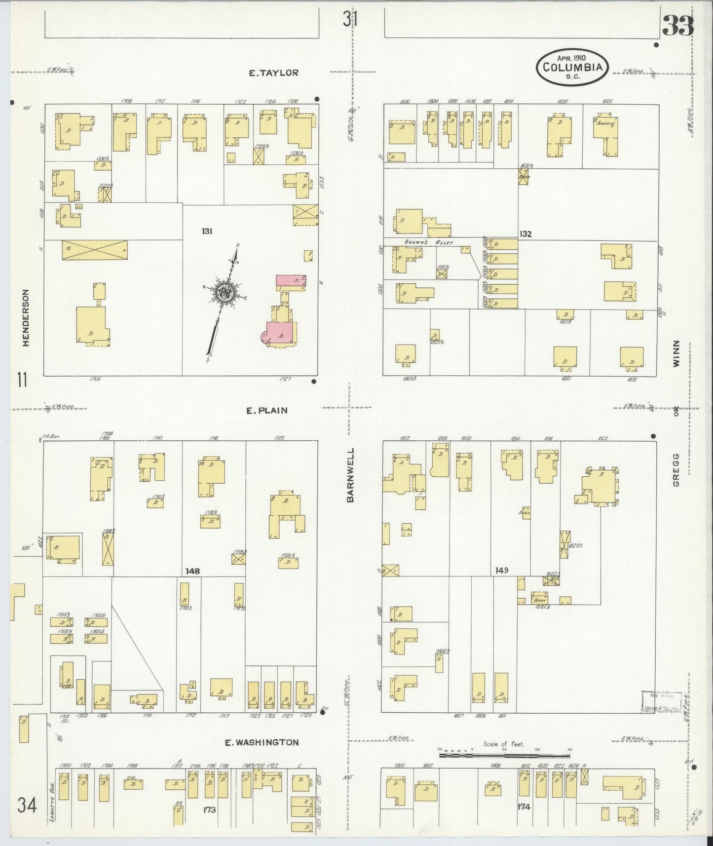 Sanborn Fire Insurance Map from Columbia, Richland County, South Carolina (1910), Sheet #0033 - Historic Sanborn Fire Insurance Map Print, vintage old map wall art, antique decor, genealogy gift, South Carolina South Carolina map