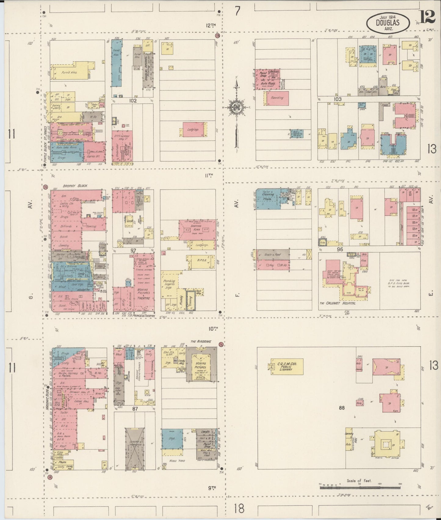 Sanborn Fire Insurance Map from Douglas, Cochise County, Arizona (1914), Sheet #0012 - Historic Sanborn Fire Insurance Map Print, vintage old map wall art, antique decor, genealogy gift, Arizona Arizona map