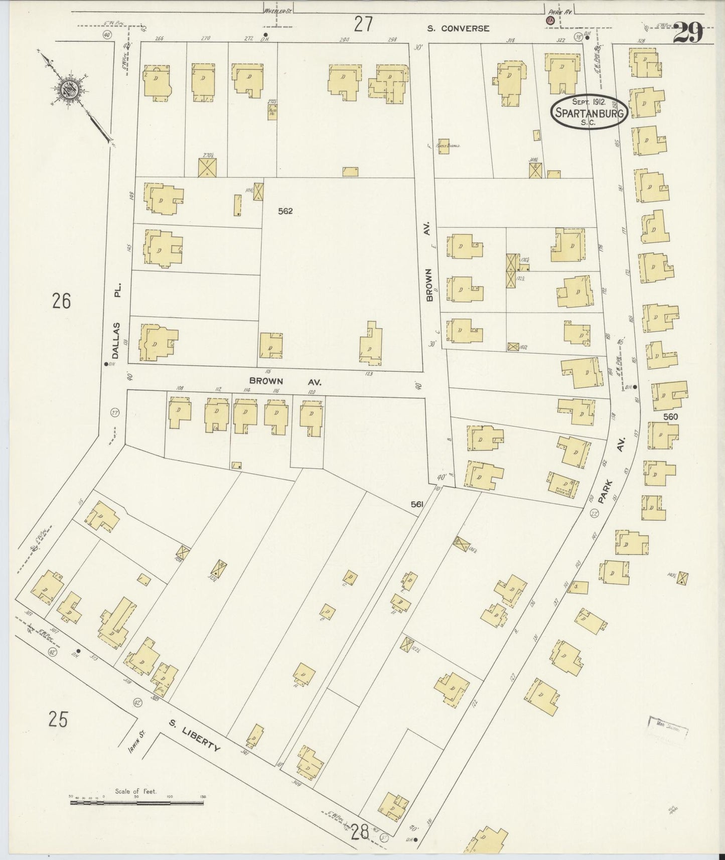 Sanborn Fire Insurance Map from Spartanburg, Spartanburg County, South Carolina (1912), Sheet #0029 - Historic Sanborn Fire Insurance Map Print, vintage old map wall art, antique decor, genealogy gift, South Carolina South Carolina map