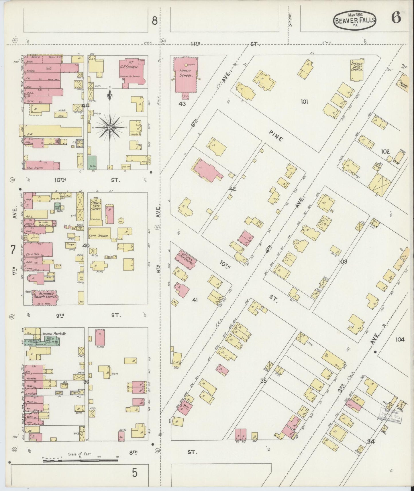 Sanborn Fire Insurance Map from Beaver Falls, Beaver County, Pennsylvania (1896), Sheet #0006 - Historic Sanborn Fire Insurance Map Print, vintage old map wall art, antique decor, genealogy gift, Pennsylvania Pennsylvania map