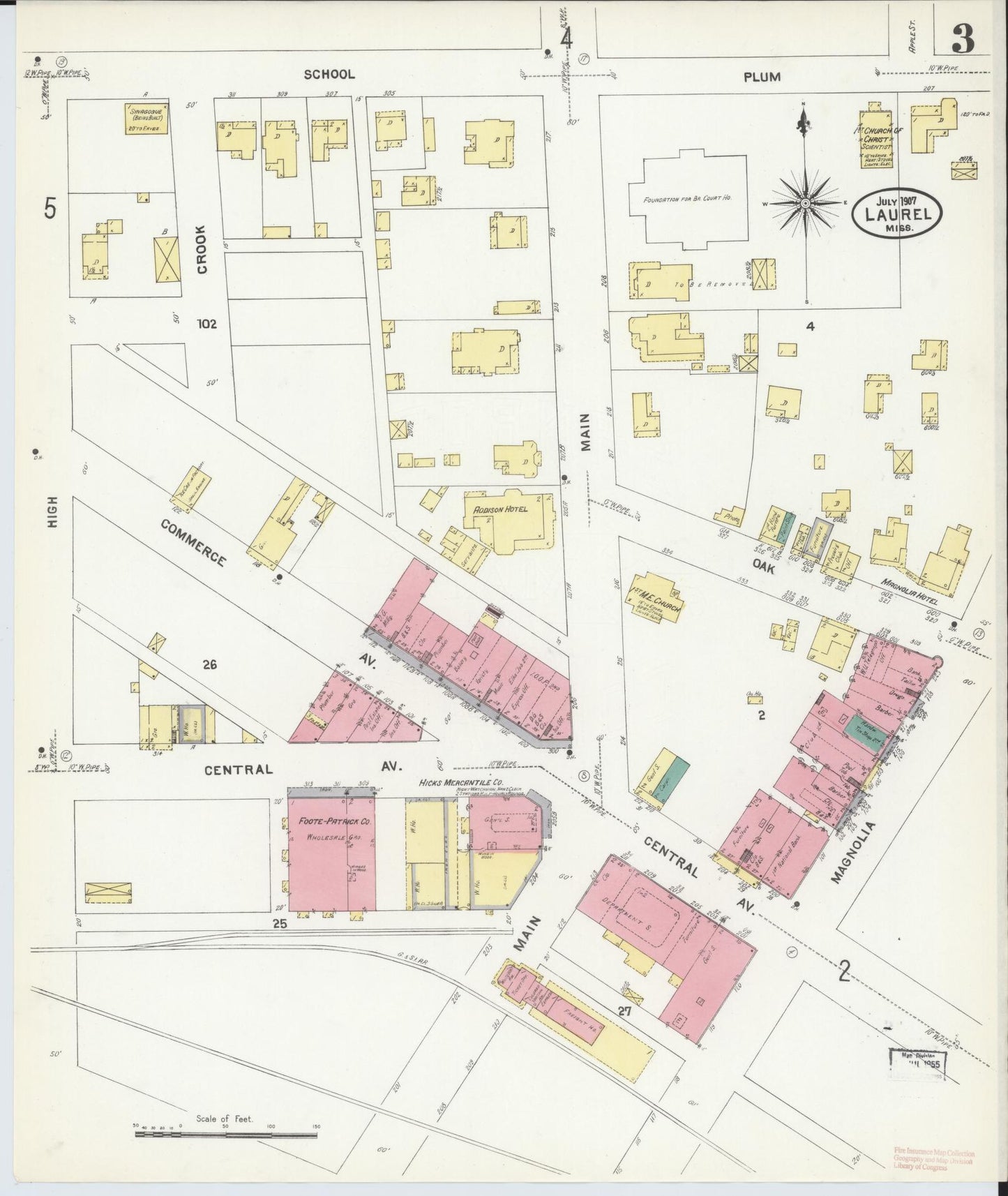 Sanborn Fire Insurance Map from Laurel, Jones County, Mississippi (1907), Sheet #0003 - Historic Sanborn Fire Insurance Map Print, vintage old map wall art, antique decor, genealogy gift, Mississippi Mississippi map