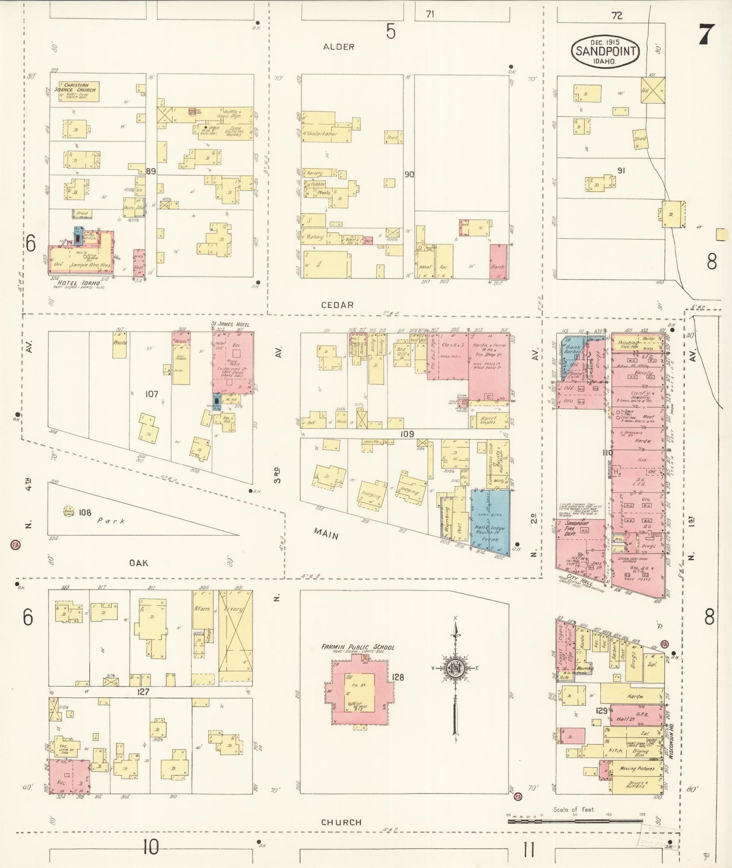 Sanborn Fire Insurance Map from Sandpoint, Bonner County, Idaho (1915), Sheet #0007 - Historic Sanborn Fire Insurance Map Print, vintage old map wall art, antique decor, genealogy gift, Idaho Idaho map