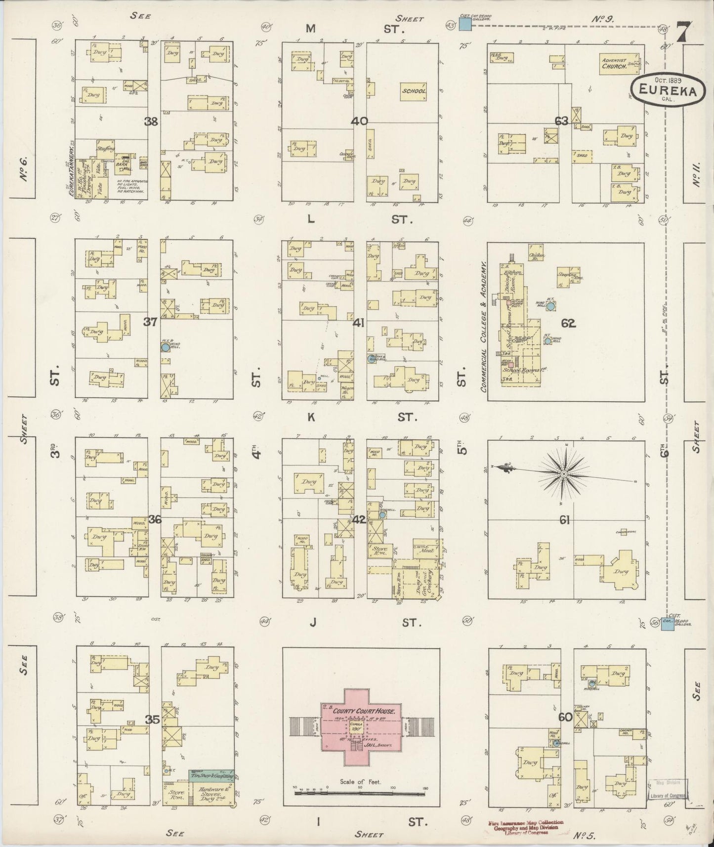Sanborn Fire Insurance Map from Eureka, Humboldt County, California (1889), Sheet #0007 - Historic Sanborn Fire Insurance Map Print, vintage old map wall art, antique decor, genealogy gift, California California map