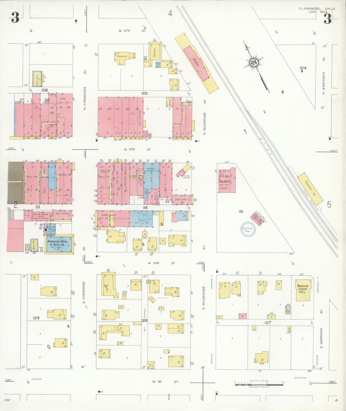 Sanborn Fire Insurance Map from Claremore, Rogers County, Oklahoma (1933), Sheet #0003 - Historic Sanborn Fire Insurance Map Print, vintage old map wall art, antique decor, genealogy gift, Oklahoma Oklahoma map