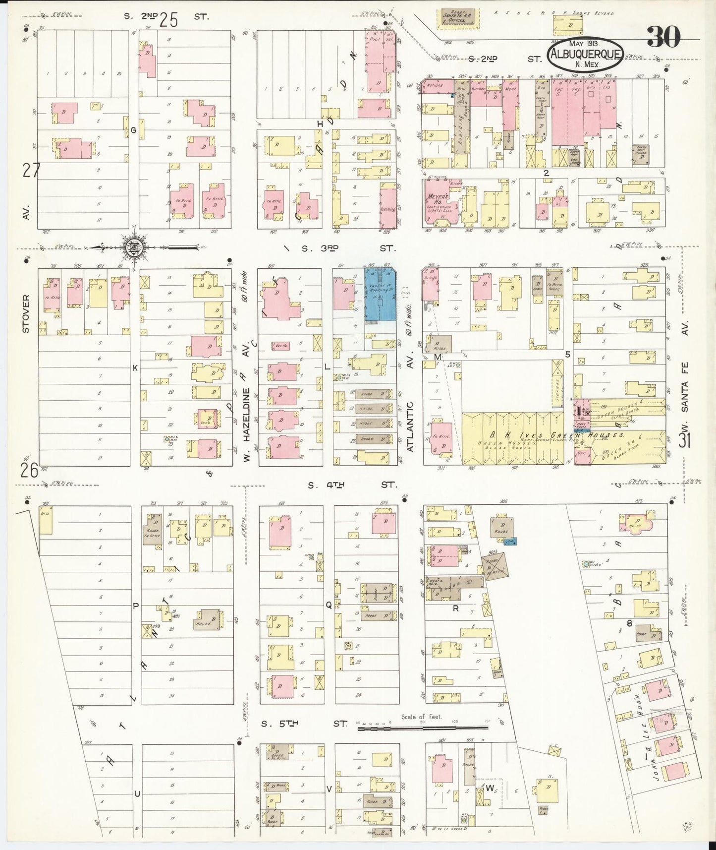 Sanborn Fire Insurance Map from Albuquerque, Bernalillo County, New Mexico (1913), Sheet #0030 - Historic Sanborn Fire Insurance Map Print, vintage old map wall art, antique decor, genealogy gift, New Mexico New Mexico map