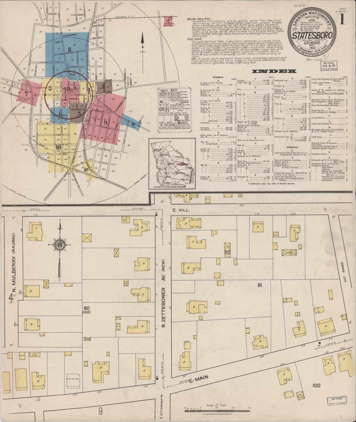 Sanborn Fire Insurance Map from Statesboro, Bulloch County, Georgia (1922), Sheet #0001 - Historic Sanborn Fire Insurance Map Print, vintage old map wall art, antique decor, genealogy gift, Georgia Georgia map