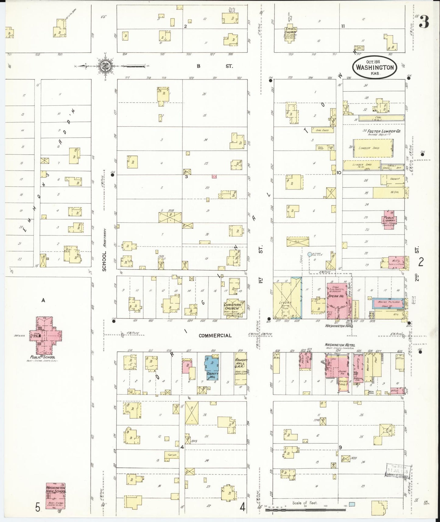 Sanborn Fire Insurance Map from Washington, Washington County, Kansas (1911), Sheet #0003 - Historic Sanborn Fire Insurance Map Print, vintage old map wall art, antique decor, genealogy gift, Sanborn Fire Insurance Map from Washington Washington map