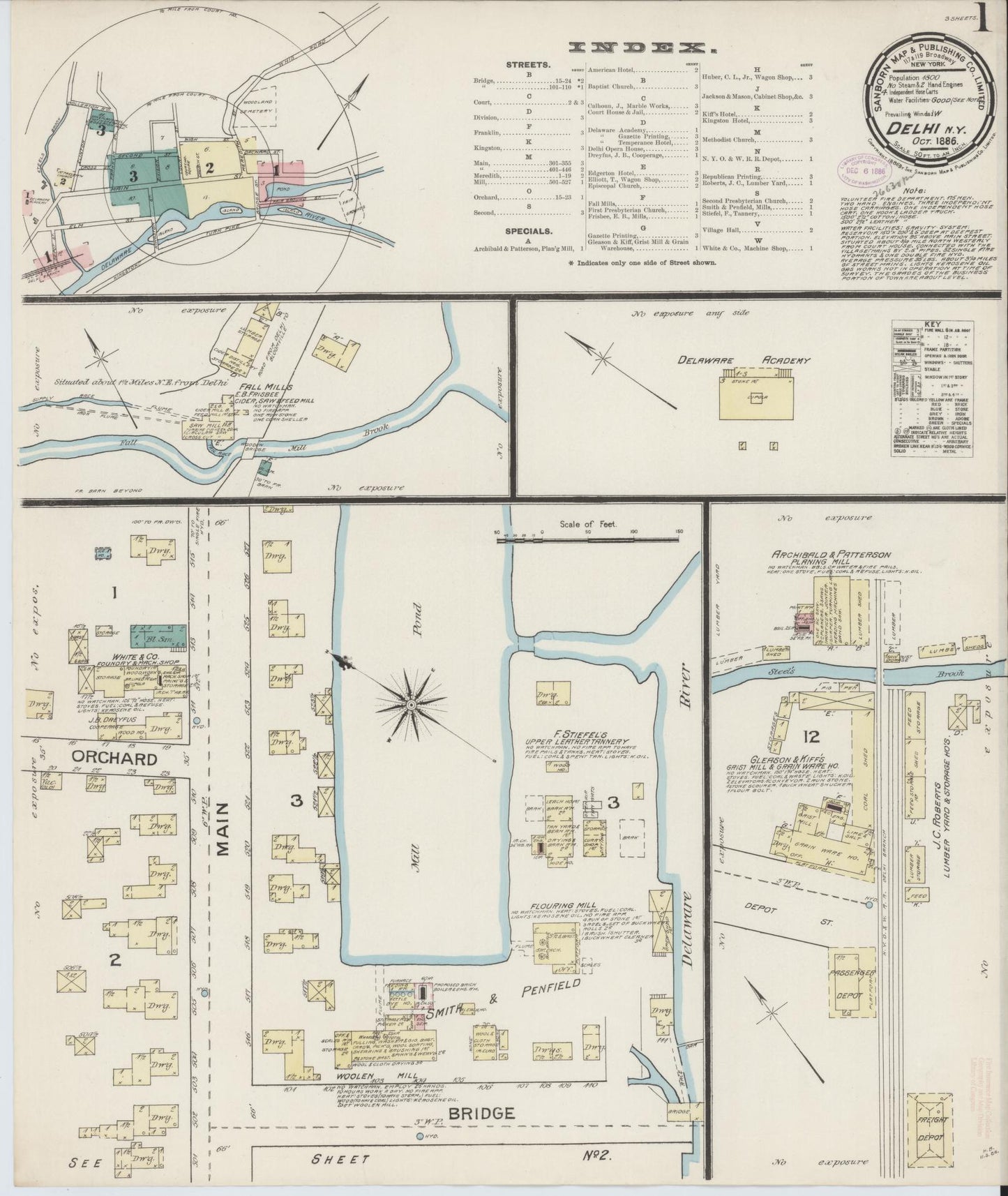 Sanborn Fire Insurance Map from Delhi, Delaware County, New York (1886), Sheet #0001 - Historic Sanborn Fire Insurance Map Print, vintage old map wall art, antique decor, genealogy gift, Delhi Delaware map