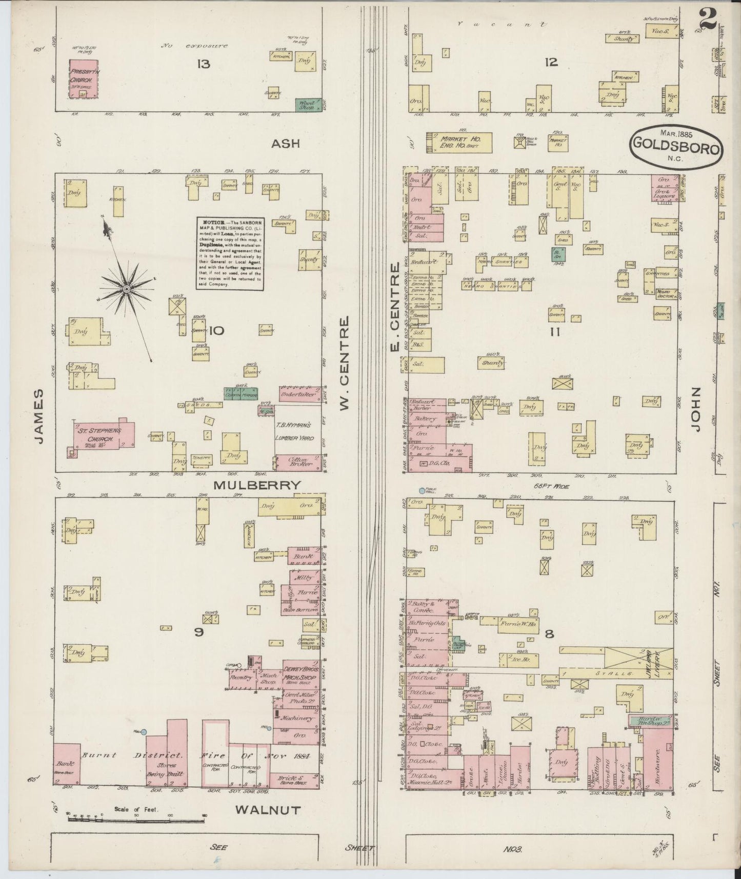 Sanborn Fire Insurance Map from Goldsboro, Wayne County, North Carolina (1885), Sheet #0002 - Historic Sanborn Fire Insurance Map Print, vintage old map wall art, antique decor, genealogy gift, North Carolina North Carolina map