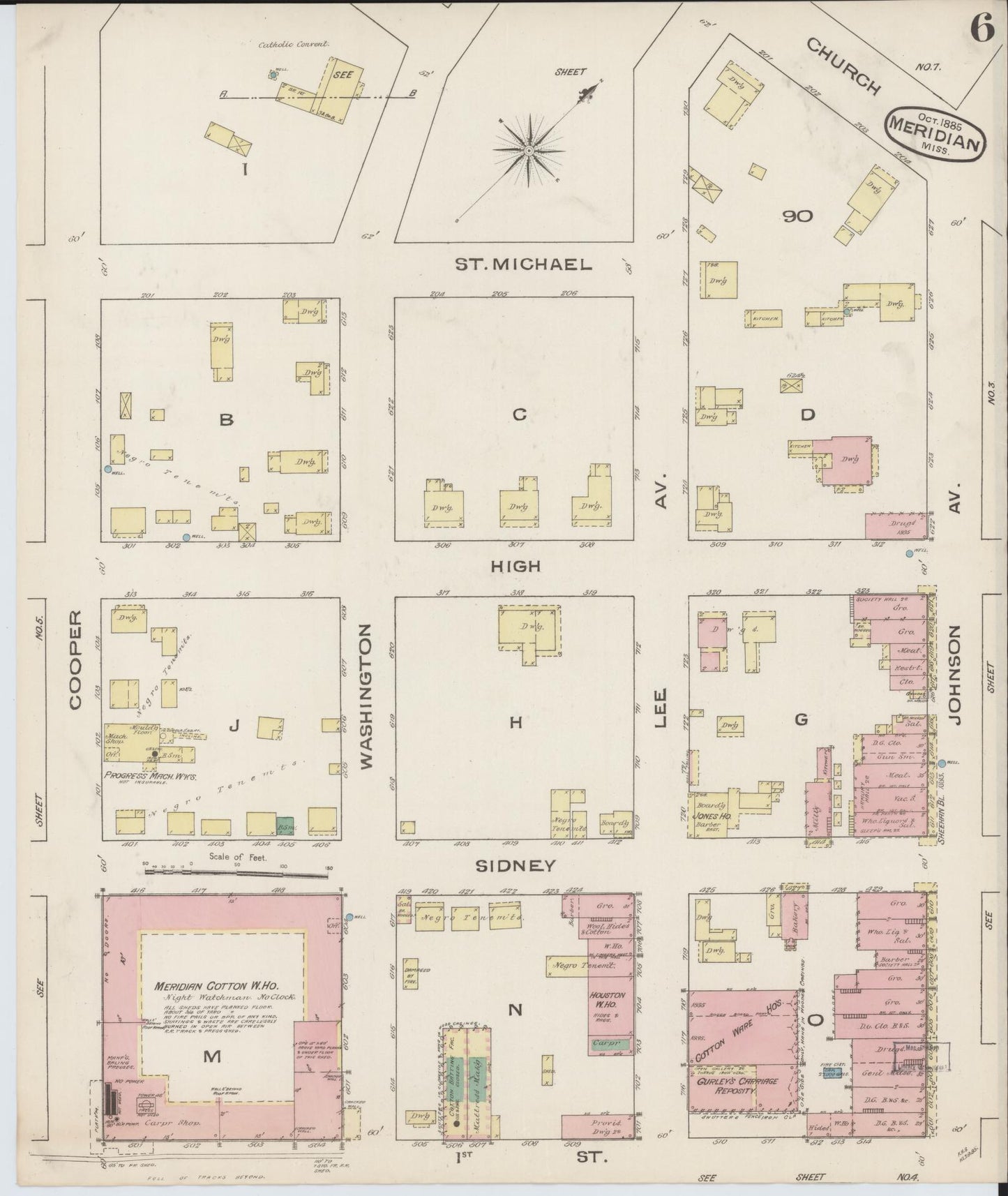Sanborn Fire Insurance Map from Meridian, Lauderdale County, Mississippi (1885), Sheet #0006 - Historic Sanborn Fire Insurance Map Print, vintage old map wall art, antique decor, genealogy gift, Mississippi Mississippi map