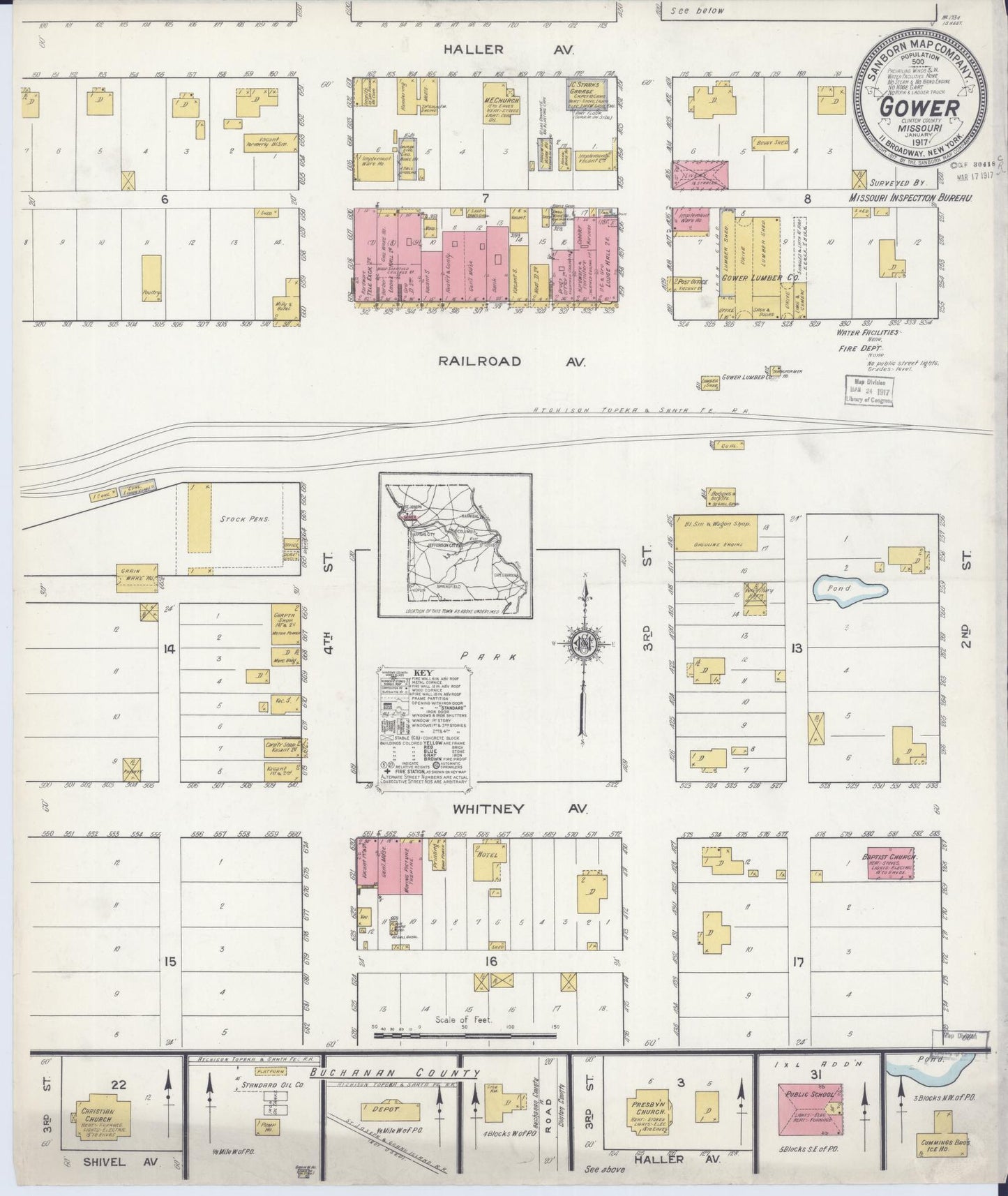 Sanborn Fire Insurance Map from Gower, Clinton County, Missouri (1917), Sheet #0001 - Historic Sanborn Fire Insurance Map Print, vintage old map wall art, antique decor, genealogy gift, Missouri Missouri map
