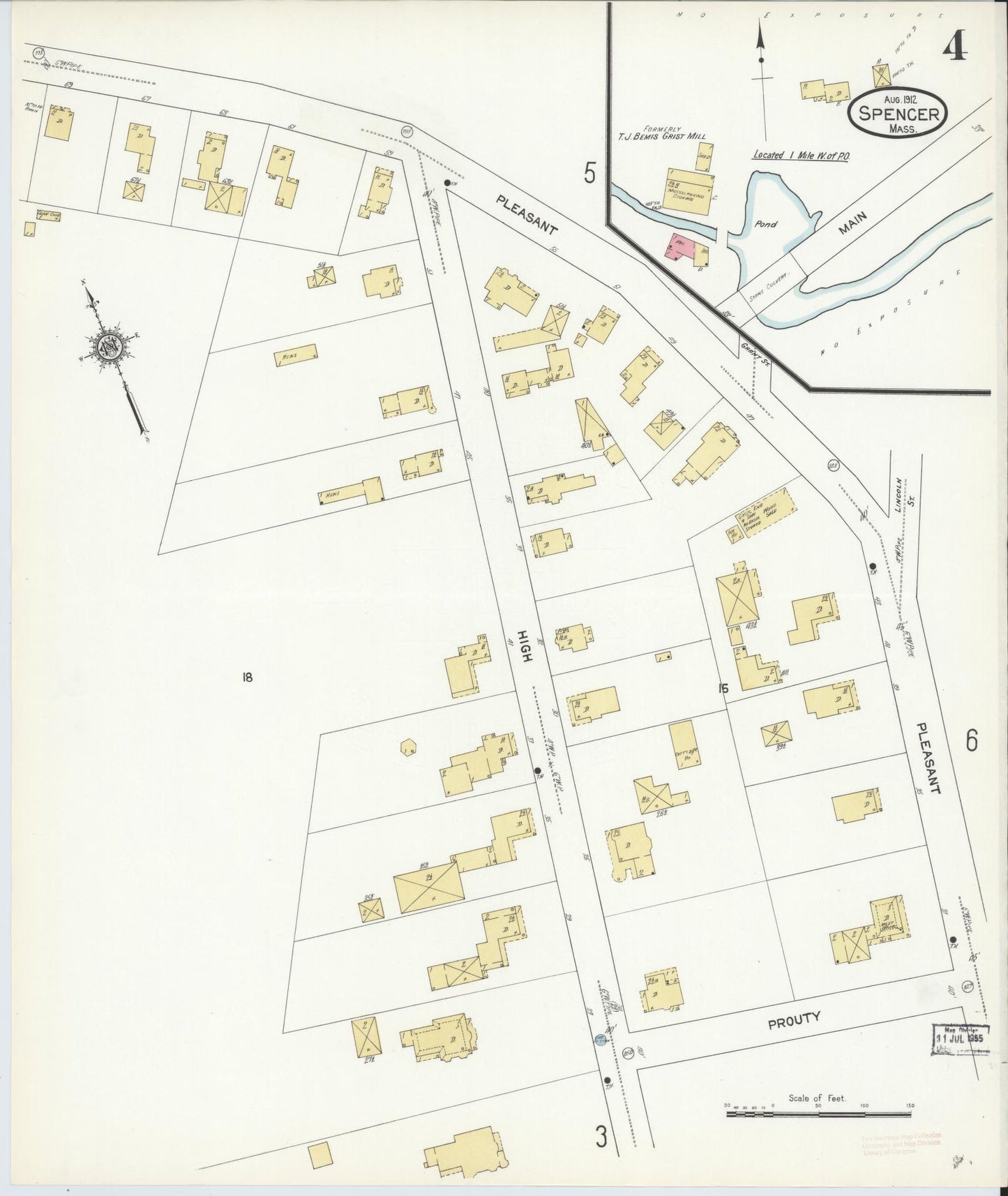 Sanborn Fire Insurance Map from Spencer, Worcester County, Massachusetts (1912), Sheet #0004 - Historic Sanborn Fire Insurance Map Print, vintage old map wall art, antique decor, genealogy gift, Massachusetts Massachusetts map