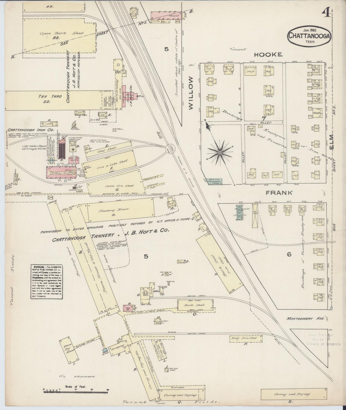 Sanborn Fire Insurance Map from Chattanooga, Hamilton County, Tennessee (1885), Sheet #0004 - Historic Sanborn Fire Insurance Map Print, vintage old map wall art, antique decor, genealogy gift, Tennessee Tennessee map