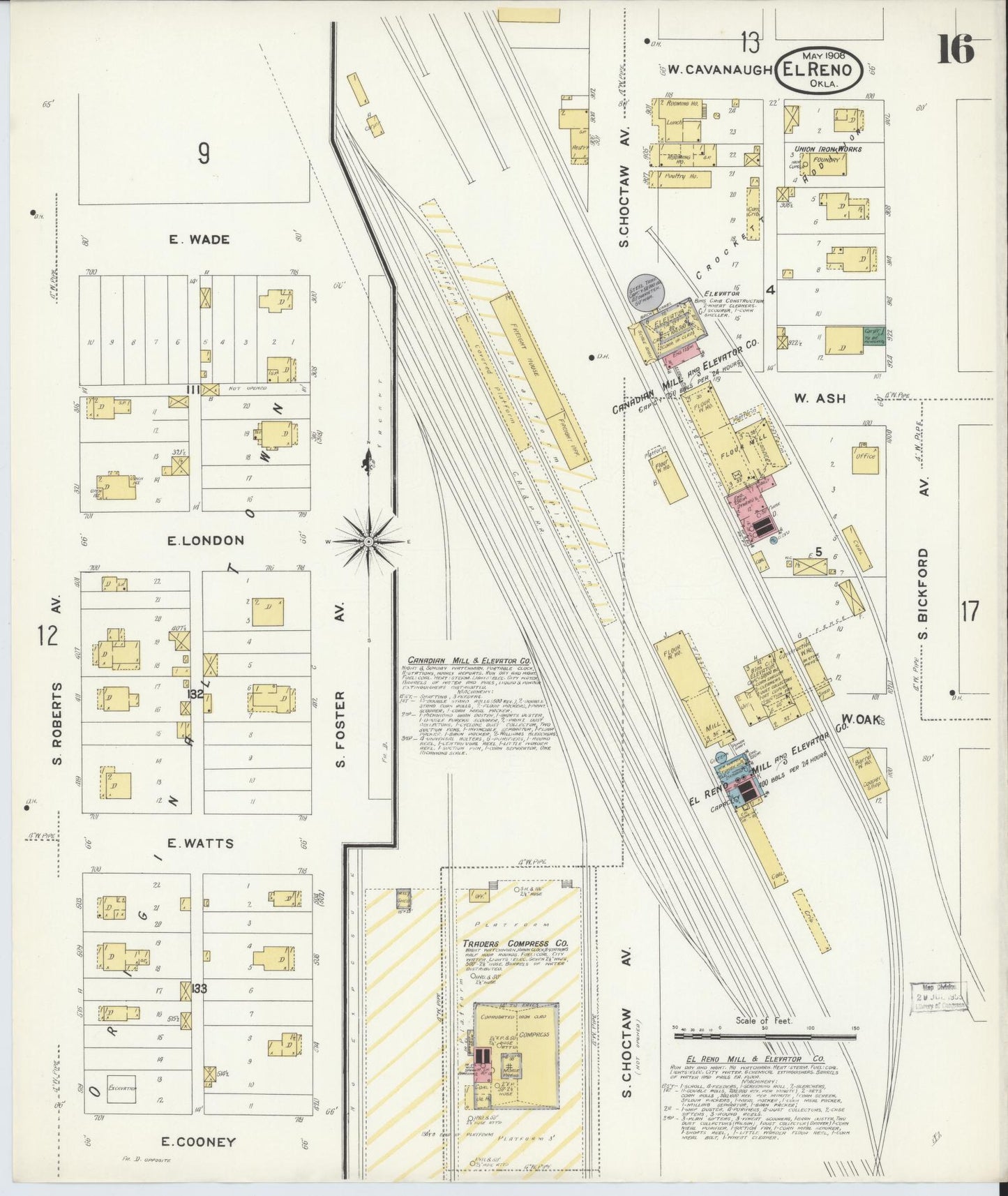 Sanborn Fire Insurance Map from El Reno, Canadian County, Oklahoma (1908), Sheet #0016 - Historic Sanborn Fire Insurance Map Print, vintage old map wall art, antique decor, genealogy gift, Oklahoma Oklahoma map