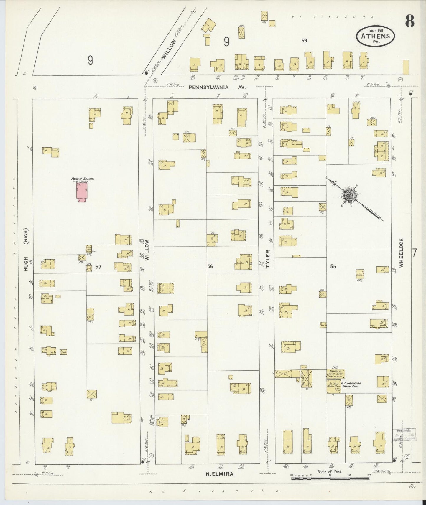 Sanborn Fire Insurance Map from Athens, Bradford County, Pennsylvania (1911), Sheet #0008 - Historic Sanborn Fire Insurance Map Print, vintage old map wall art, antique decor, genealogy gift, Pennsylvania Pennsylvania map
