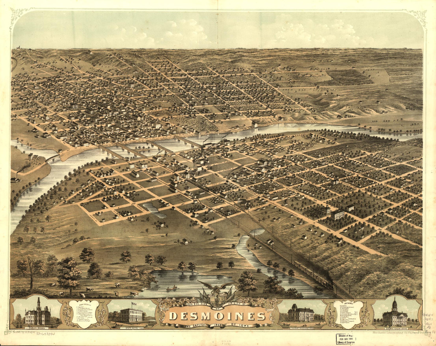 Bird's eye view of the city of Des Moines, the capital of Iowa 1868. (1868) – Historic Bird’s-Eye View Panorama Print